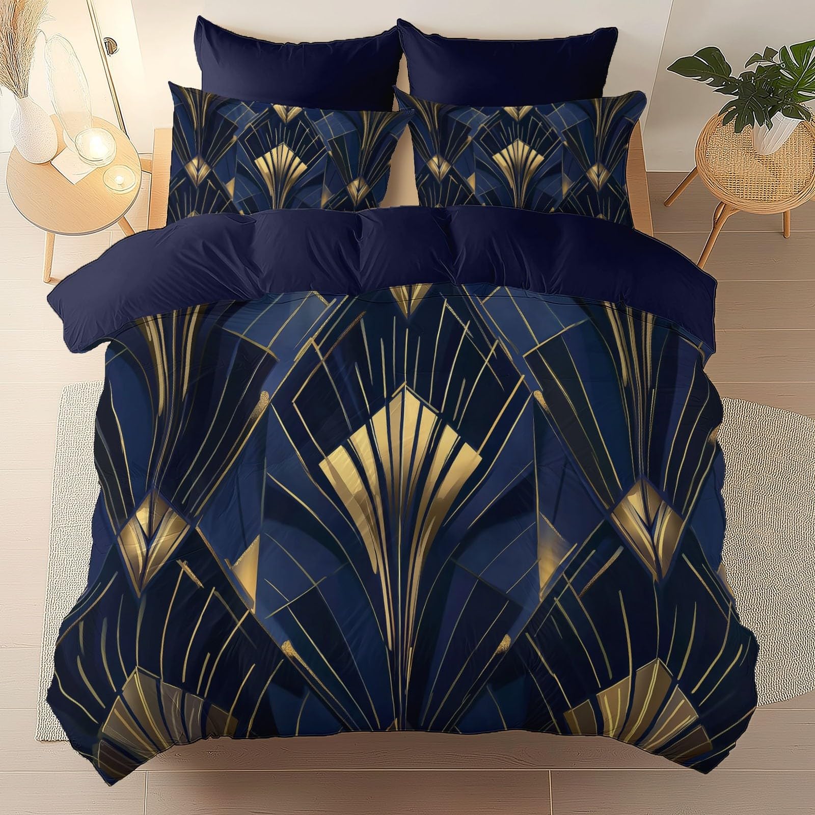 Art Deco Gold Geometric Duvet Cover Set - Navy Blue Super King Bedding Set, Reversible Soft Microfiber Quilt Cover with Pillowcases, Luxury Breathable & Wrinkle Free, 260 x 220 cm