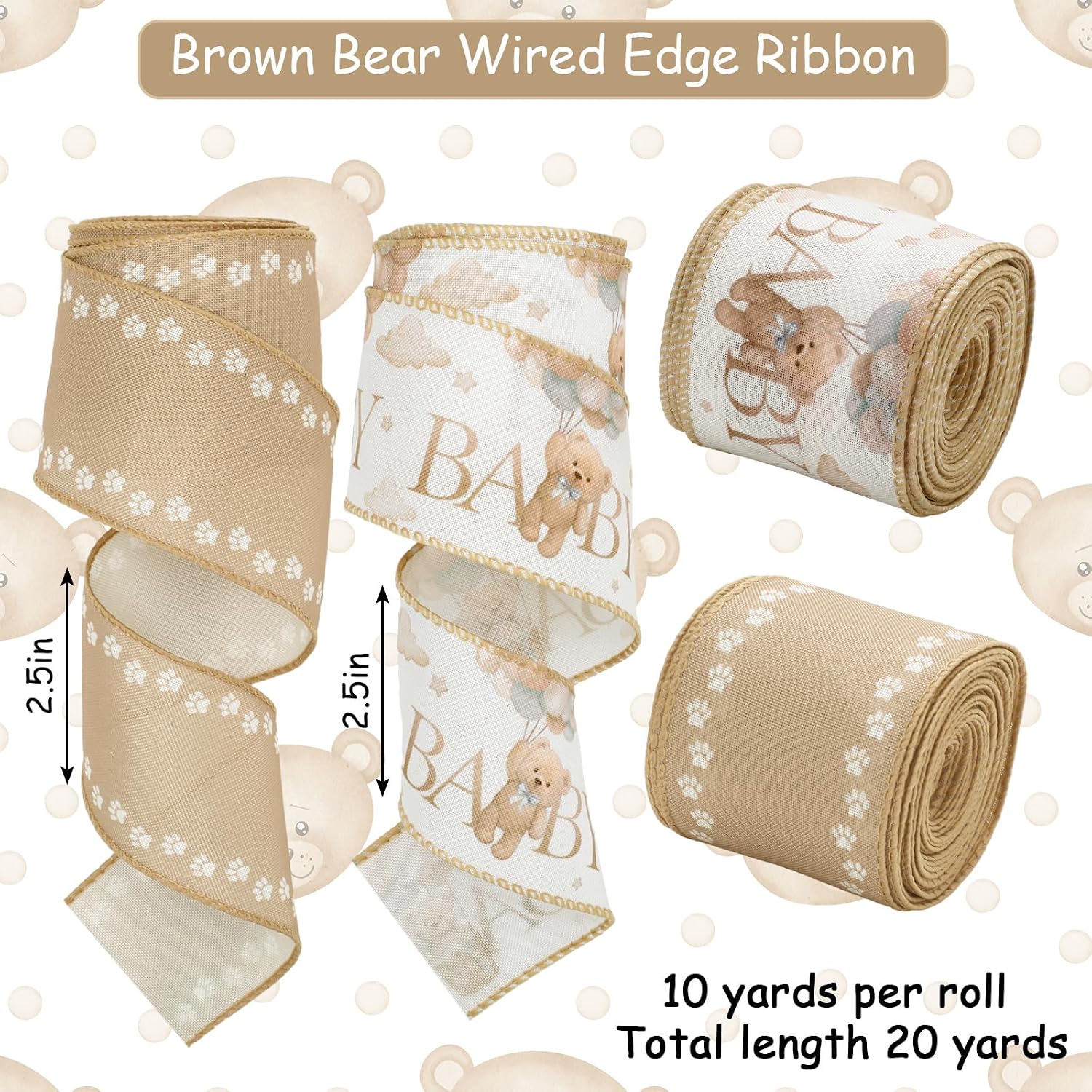 JarThenaAMCS Baby Shower Wired Edge Ribbon Brown Bear Paw Craft Ribbon Fabric Ribbons for Diaper Cakes Wreath Bow DIY Crafts Gift Wrapping Party Decor, 2 Rolls, 20 Yard