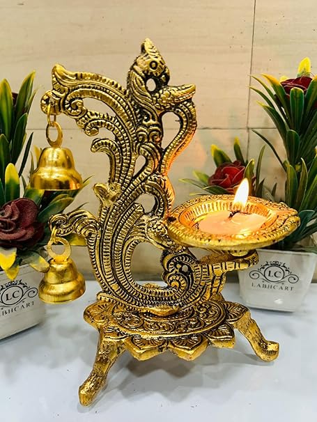 Ethnic Carved Peacock Design Brass Diya with Bell