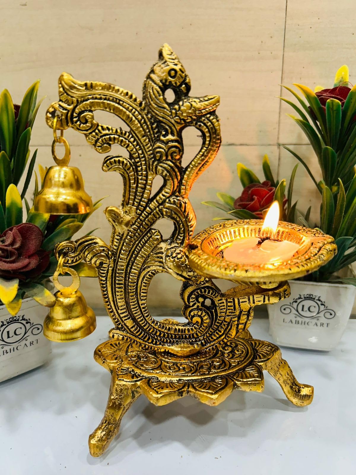 LABHCART Ethnic Carved Peacock Design Brass Diya with Bell, Brass Antique Oil Lamp, Brass Diyas for Home, Size - 8 Inches, Standard, Pack of 1 (B0DCBSGBQF) Amazon Price History, Amazon Price Tracker