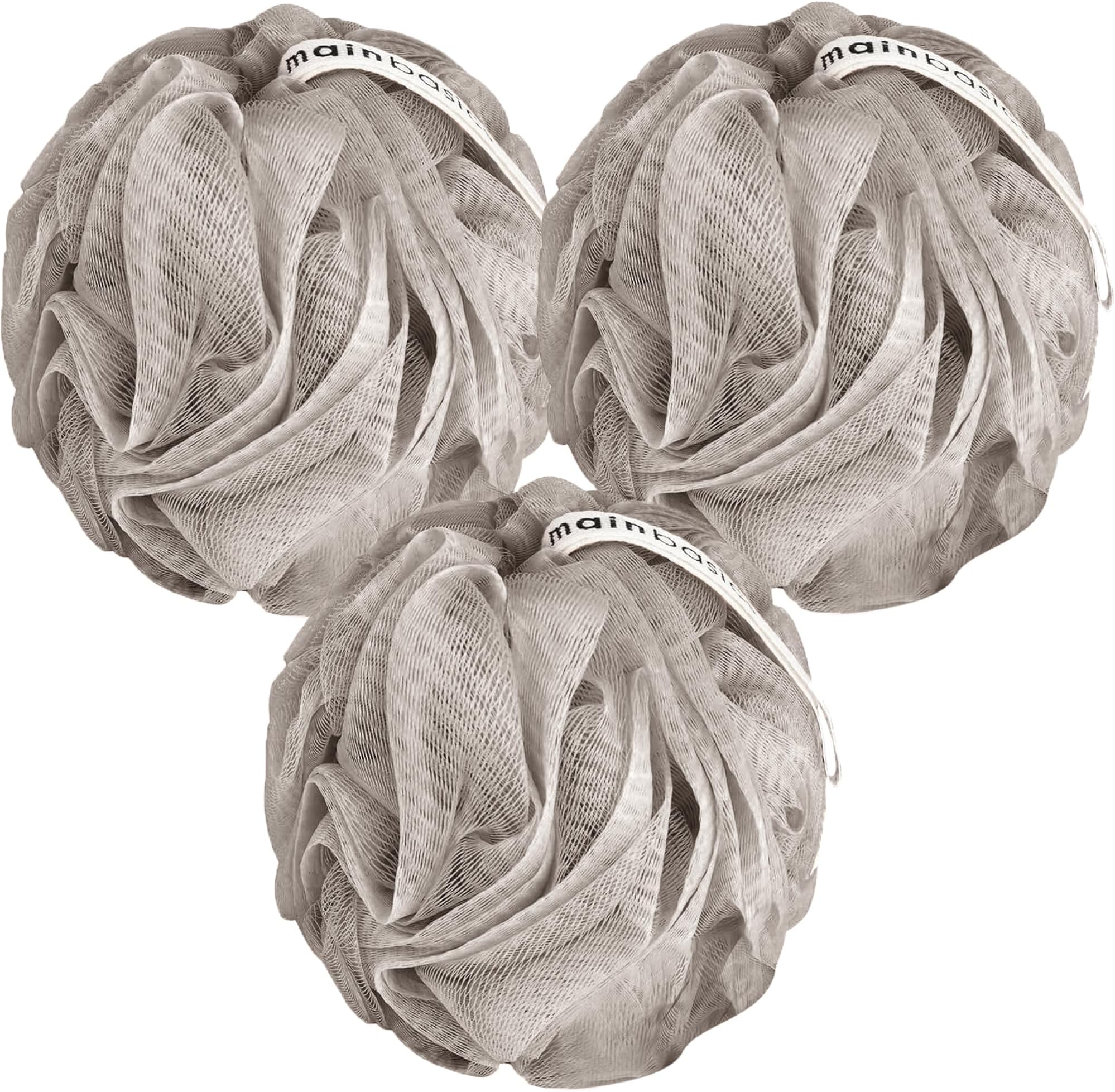 MainBasics Bath Shower Loofah Sponge Pouf Body Scrubber Exfoliator Body Wash Sponge (Set of 3, Totally Taupe)
