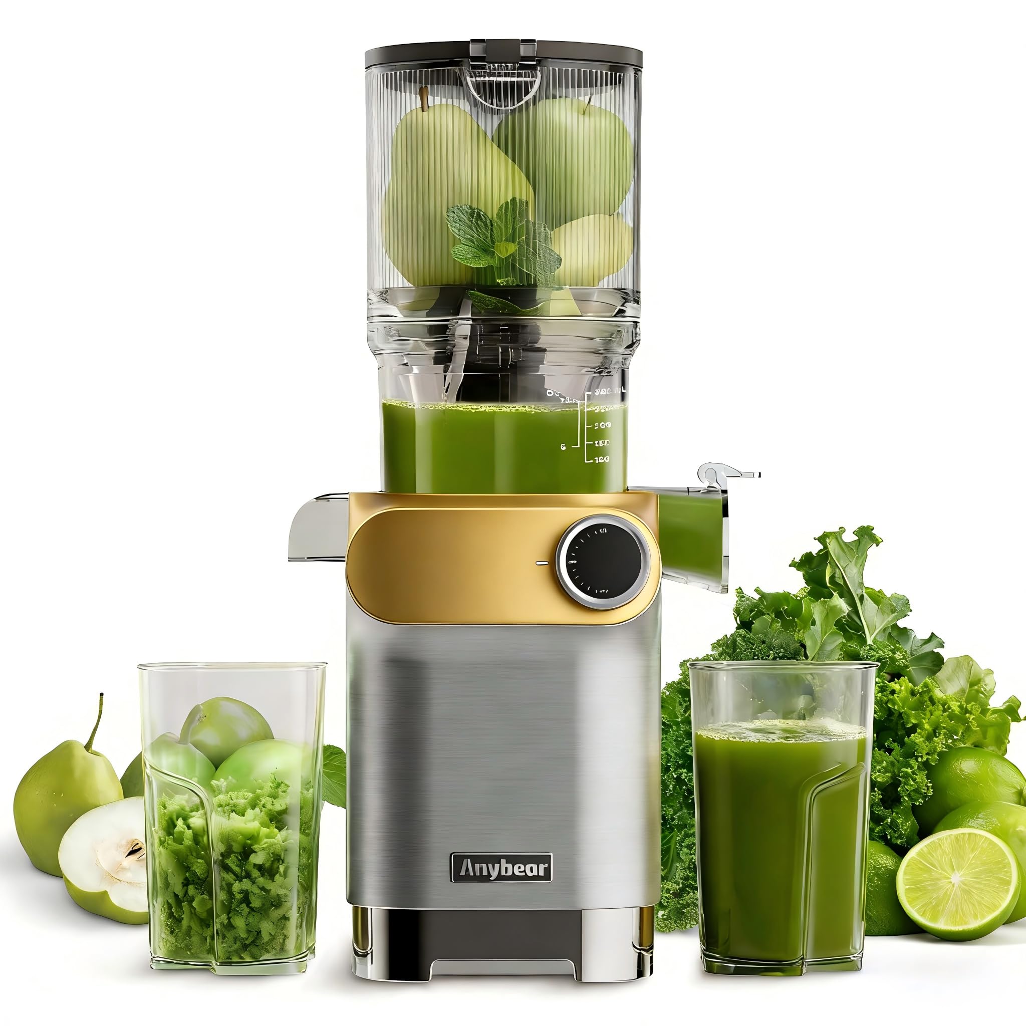 Anybear Estrattore di Succo, 200W Juicer, Spremiagrumi a Freddo, con Vano di Riempimento da 110 mm, per Frutta e Verdura Intera, Coclea Potenziata, Materiale Tritan, Senza BPA (Argento & Arancione)