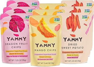 Yammy Dried Fruit Snack (Variety 9-Pack) - No Sugar Added 1 Ingredient Healthy Snacks for Adults & Kids - Sweet Potato Sticks, Freeze Dry Mango & Dragon Fruit Chips - Gluten Free Vegan Individual Packs