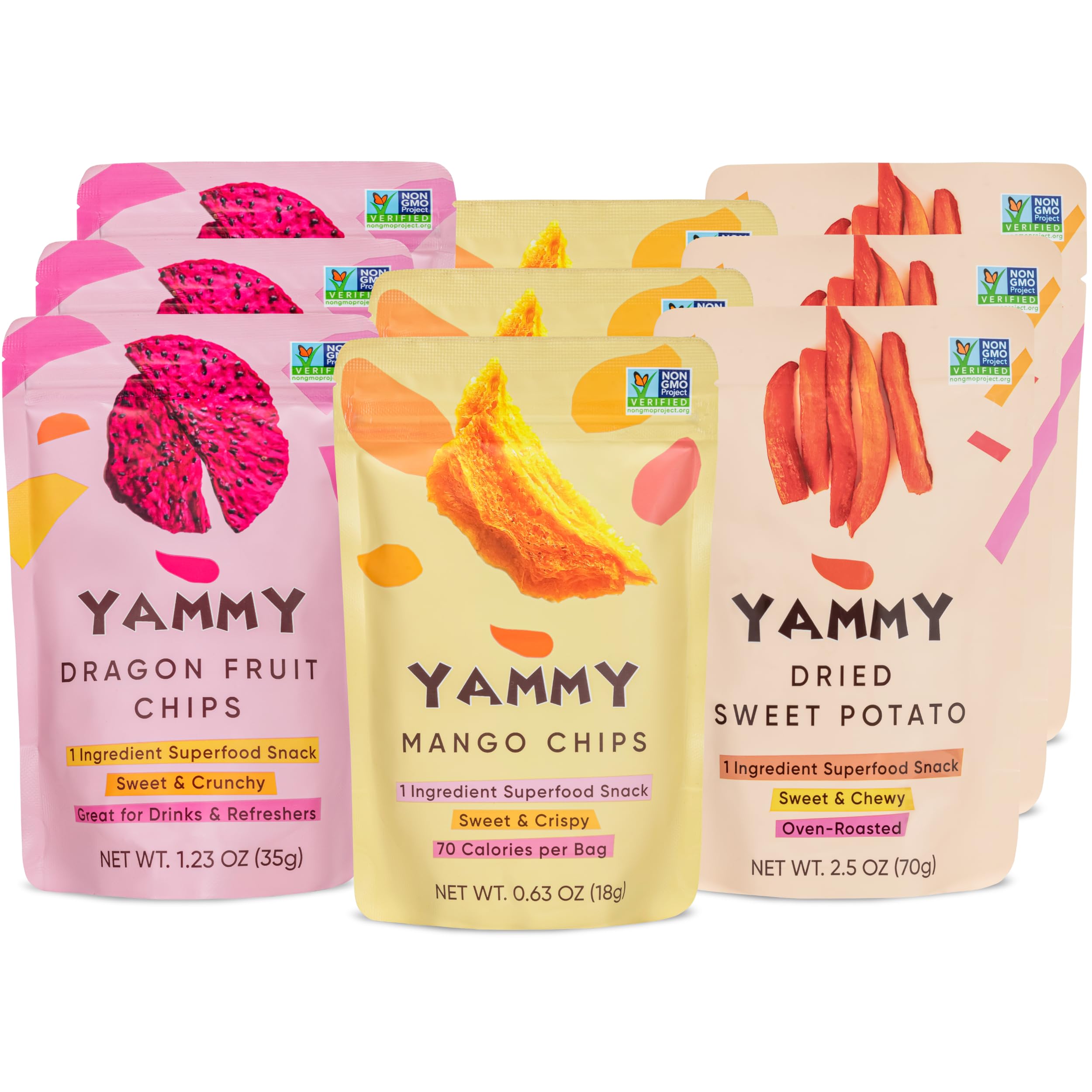 Yammy Dried Fruit Snack (Variety 9-Pack) - No Sugar Added 1 Ingredient Healthy Snacks for Adults & Kids - Sweet Potato Sticks, Freeze Dry Mango & Dragon Fruit Chips - Gluten Free Vegan Individual