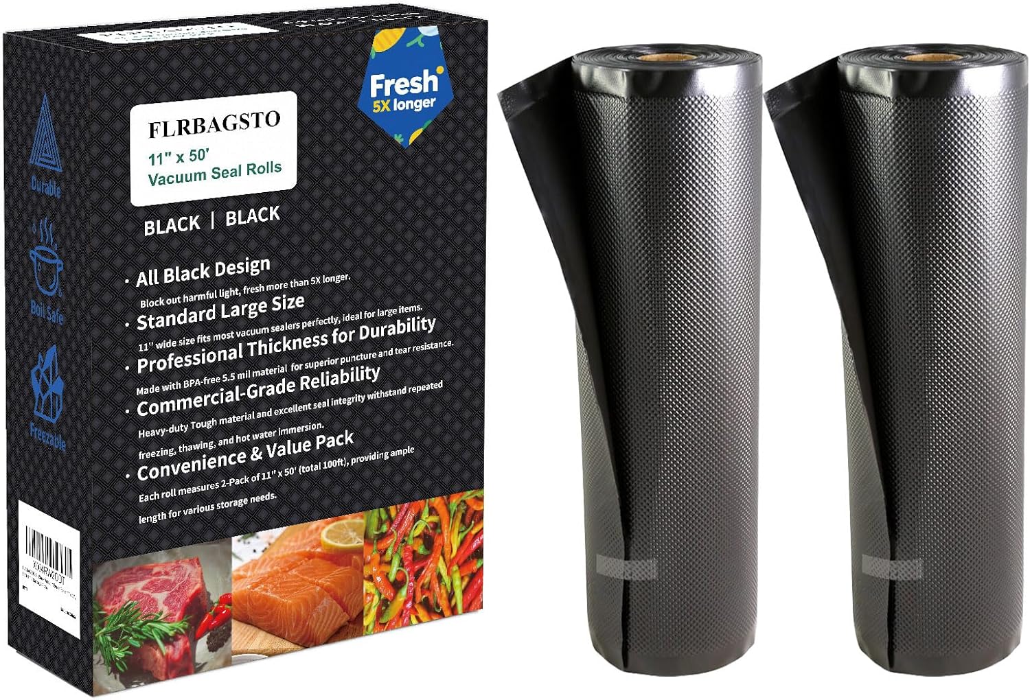 All Black Vacuum Sealer Rolls 11" x 50', 5.5 Mil Vacuum Seal Bags for Food Storage, Sous Vide, and Meal Prep, Heavy Duty Commercial Grade (2 Rolls, Total 100 Ft)