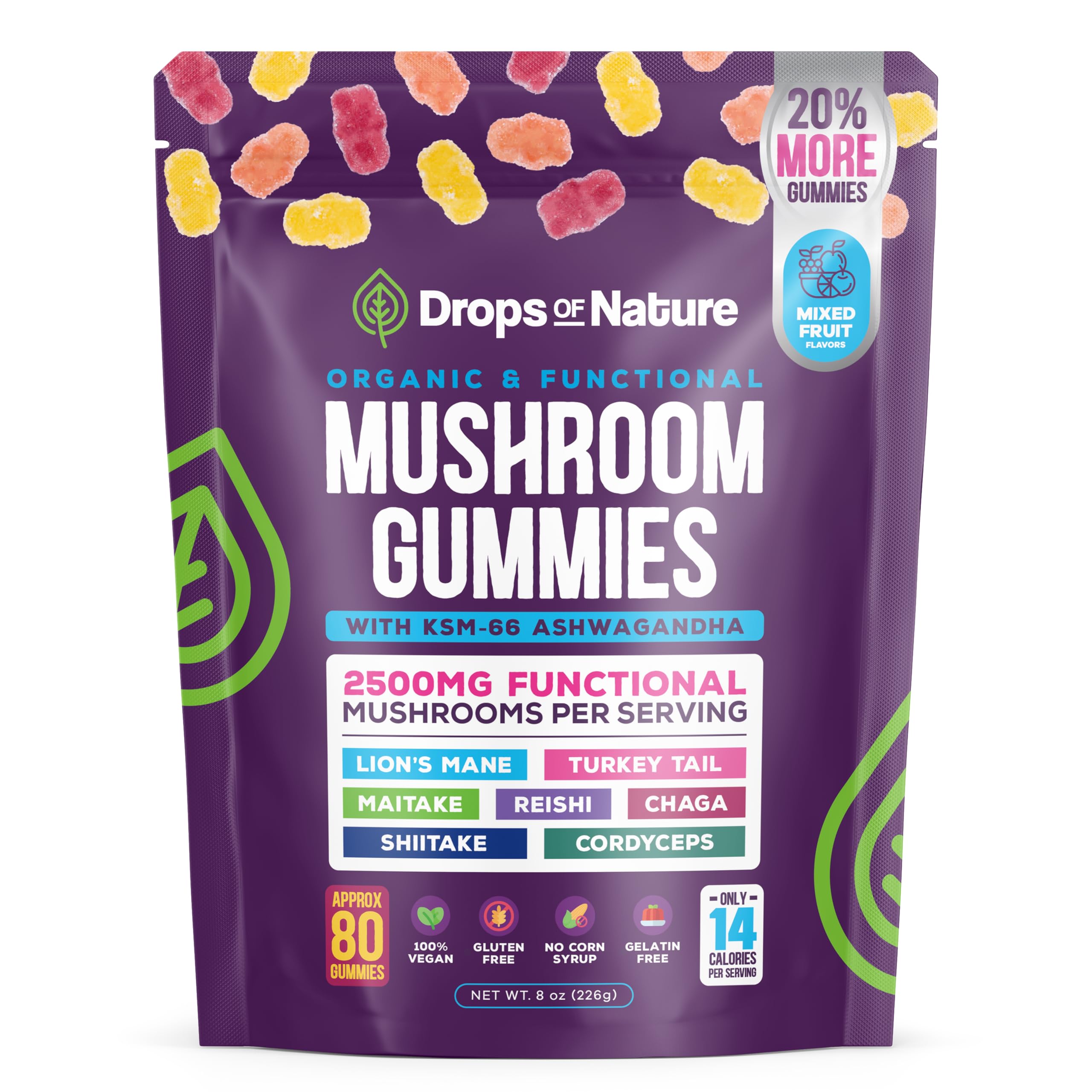 Ashwagandha Gummies and Lions Mane Mushroom Gummies Supplement - Organic - Reishi, Cordyceps, Turkey Tail, Maitake, Shitake, Chaga - Immune Defense, Boosts Cognitive Performance, Vegan, Low Carb