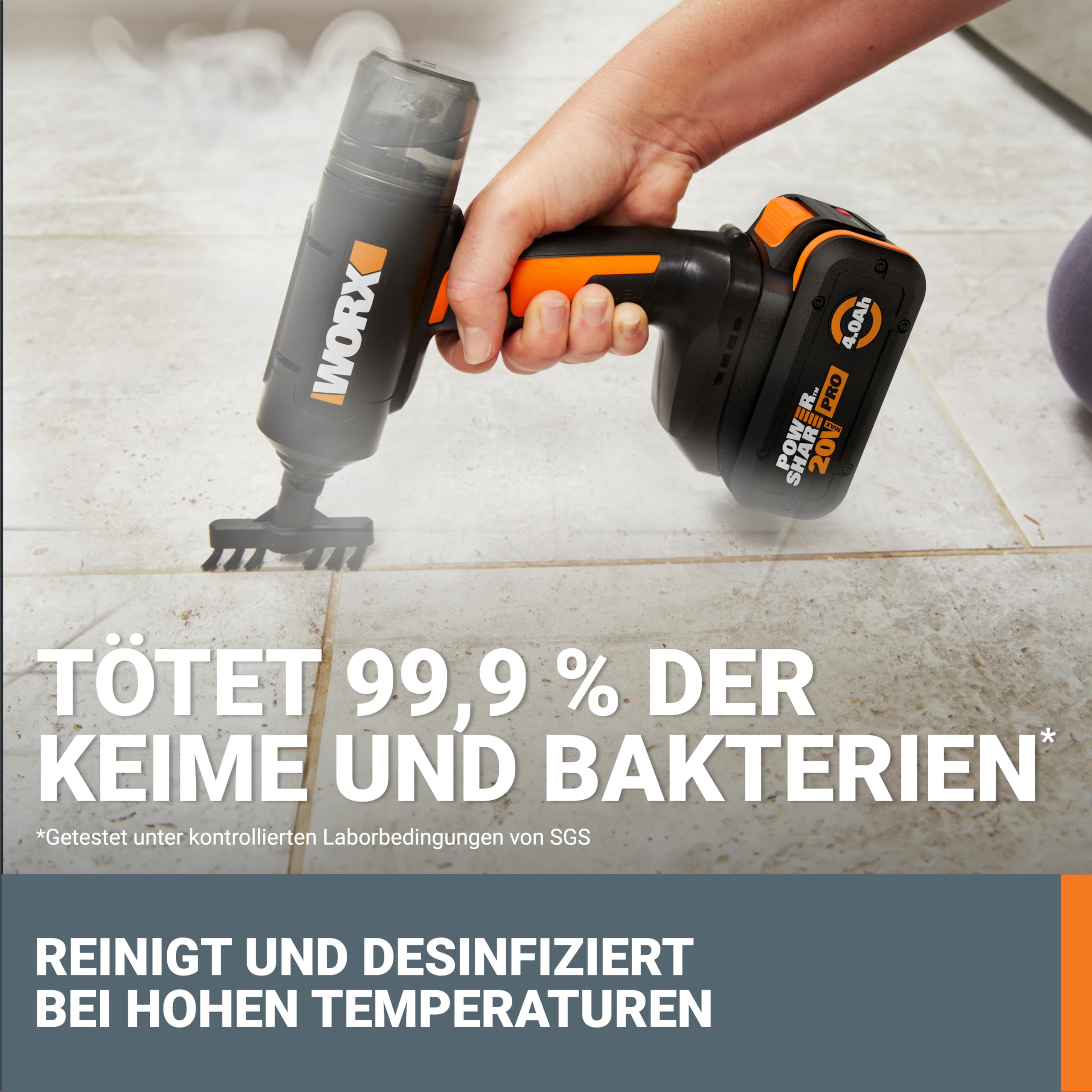 WORX 20V kabelloser Handdampfreiniger WX770.9, ohne Akku & Ladegerät | Dampfreiniger für 220°F, tötet Keime, 8-Sekunden-Vorheizung, leichter und tragbarer Dampfreiniger für Zuhause & Auto, leicht