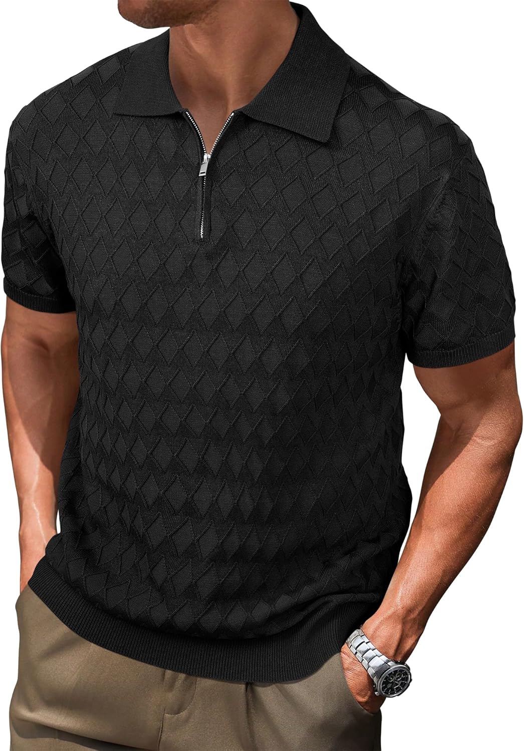 Arach&Cloz Mens Zipper Polo 3D Texture Shirts...