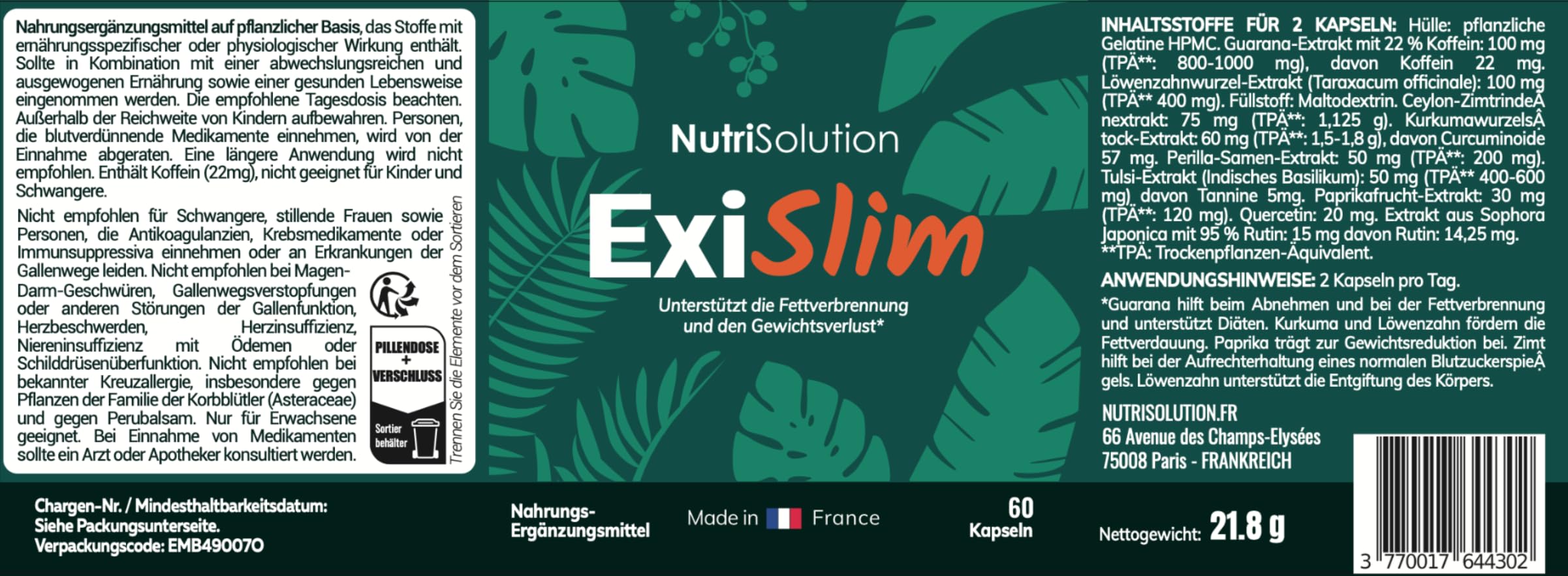 ExiSlim - Nachhaltiges Abnehmen, Stoffwechsel anregen, Enthält Perilla, Curcuma, Vegan, Fettverbrenner, Schlankmacher, Schnell Abnehmen, Starker Fatburner (1)