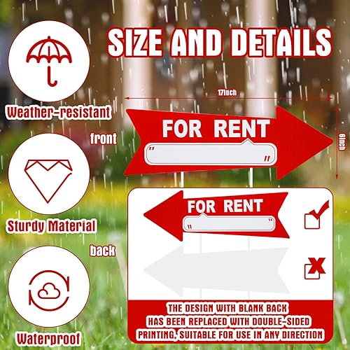 Miniatura 2 de Barydat 12 letreros de patio de alquiler con estacas de 17 x 6 pulgadas, plástico de doble cara para alquiler de garaje, venta de flechas con