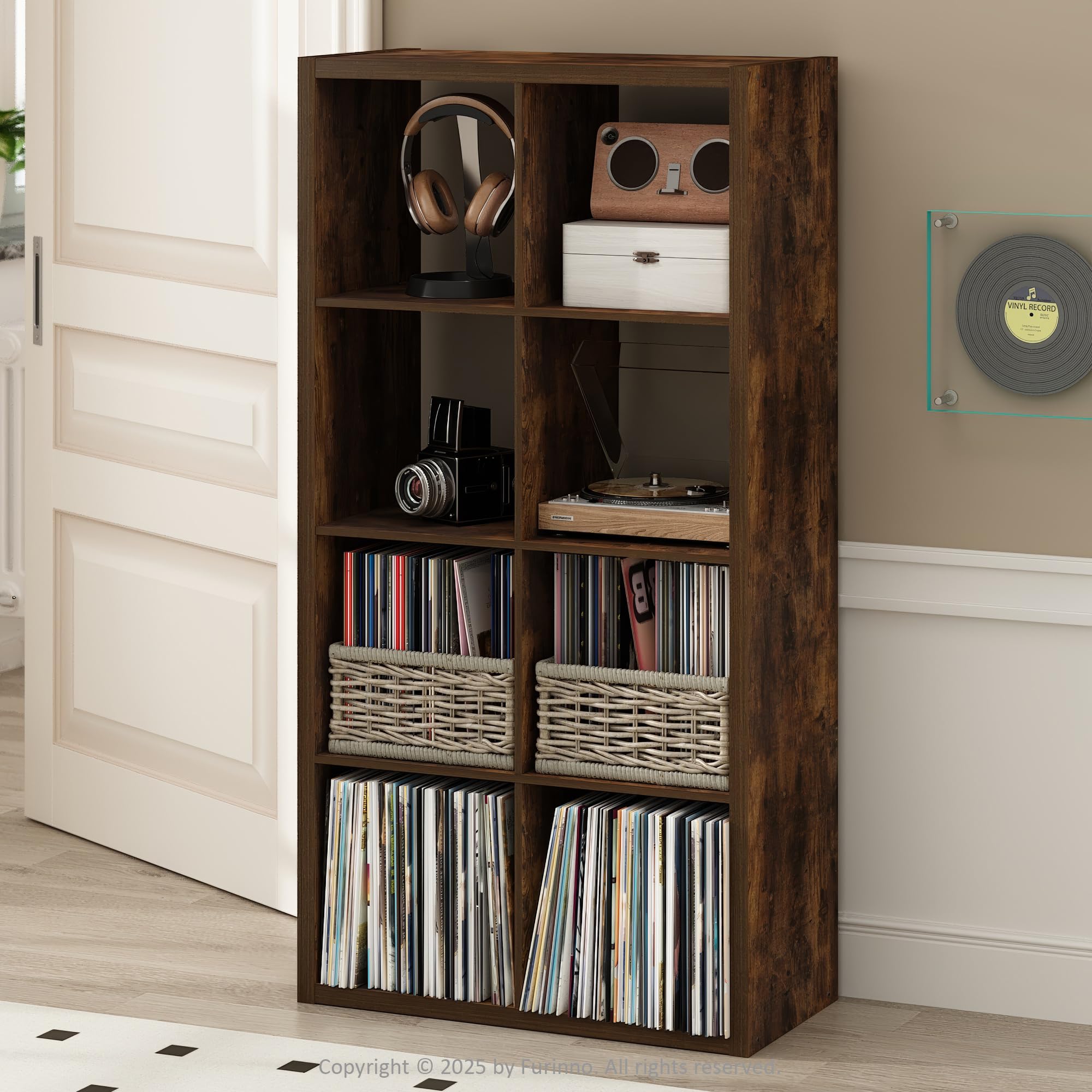 Furinno Cubicle Record Player Stand, 8-Cube Record Storage, Amber Pine