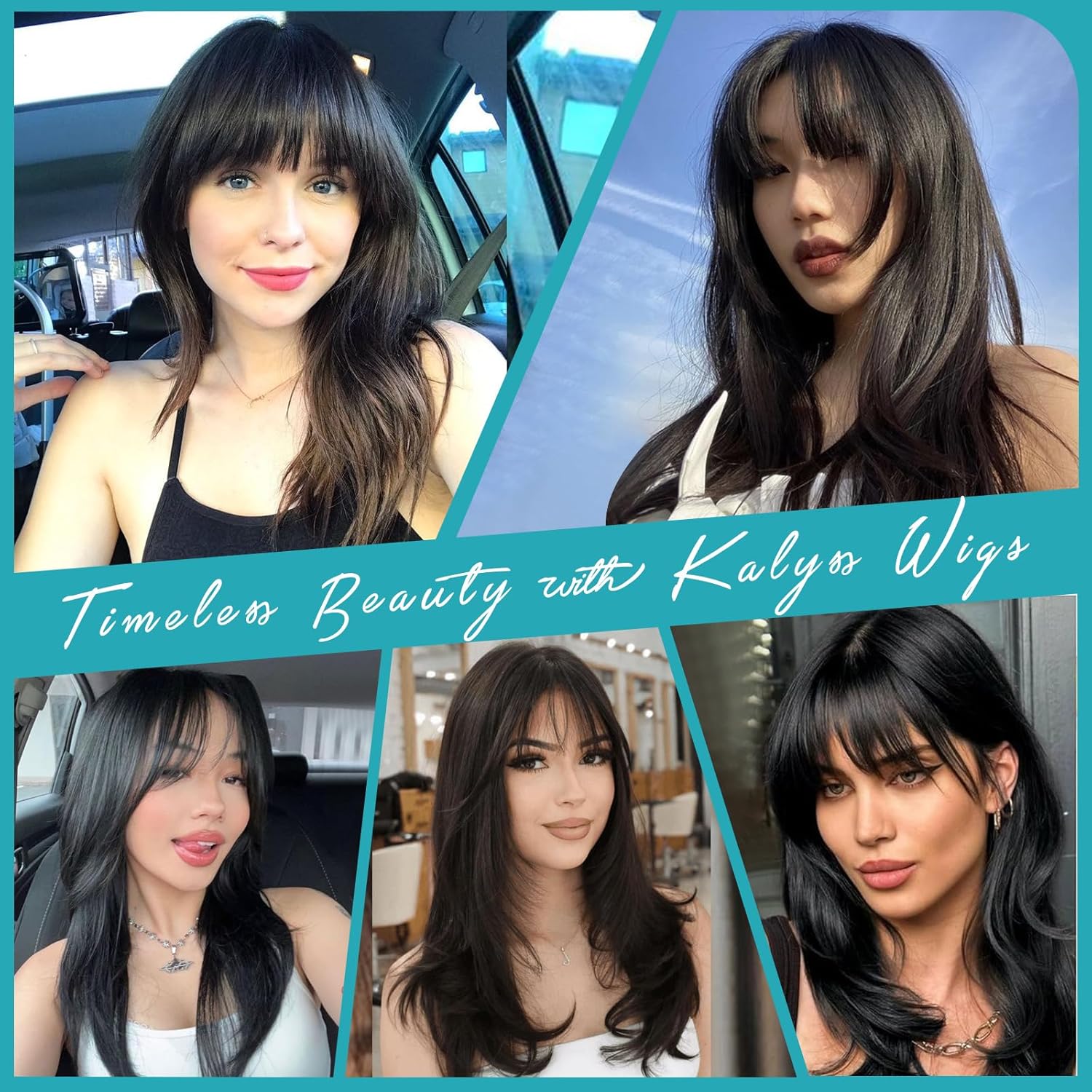 Kalyss Black Wig with Bangs Layered Wigs for Women Natural Looking Heat Resistant Synthetic Hair Wigs for Women Medium Long Straight Wig 18 Inches