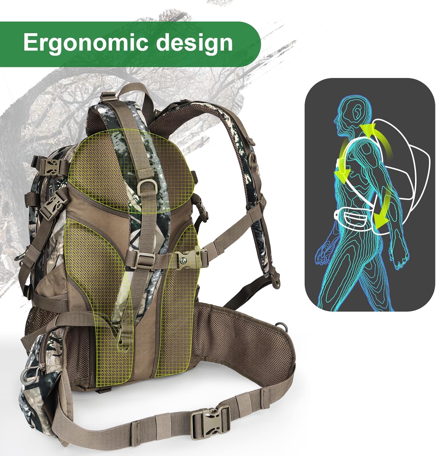 YVLEEN Hunting Backpack, Waterproof Camo Hunting Packs for Men, Durable Large Capacity Hunting Day Pack for Rifle Bow Gun - Image 5