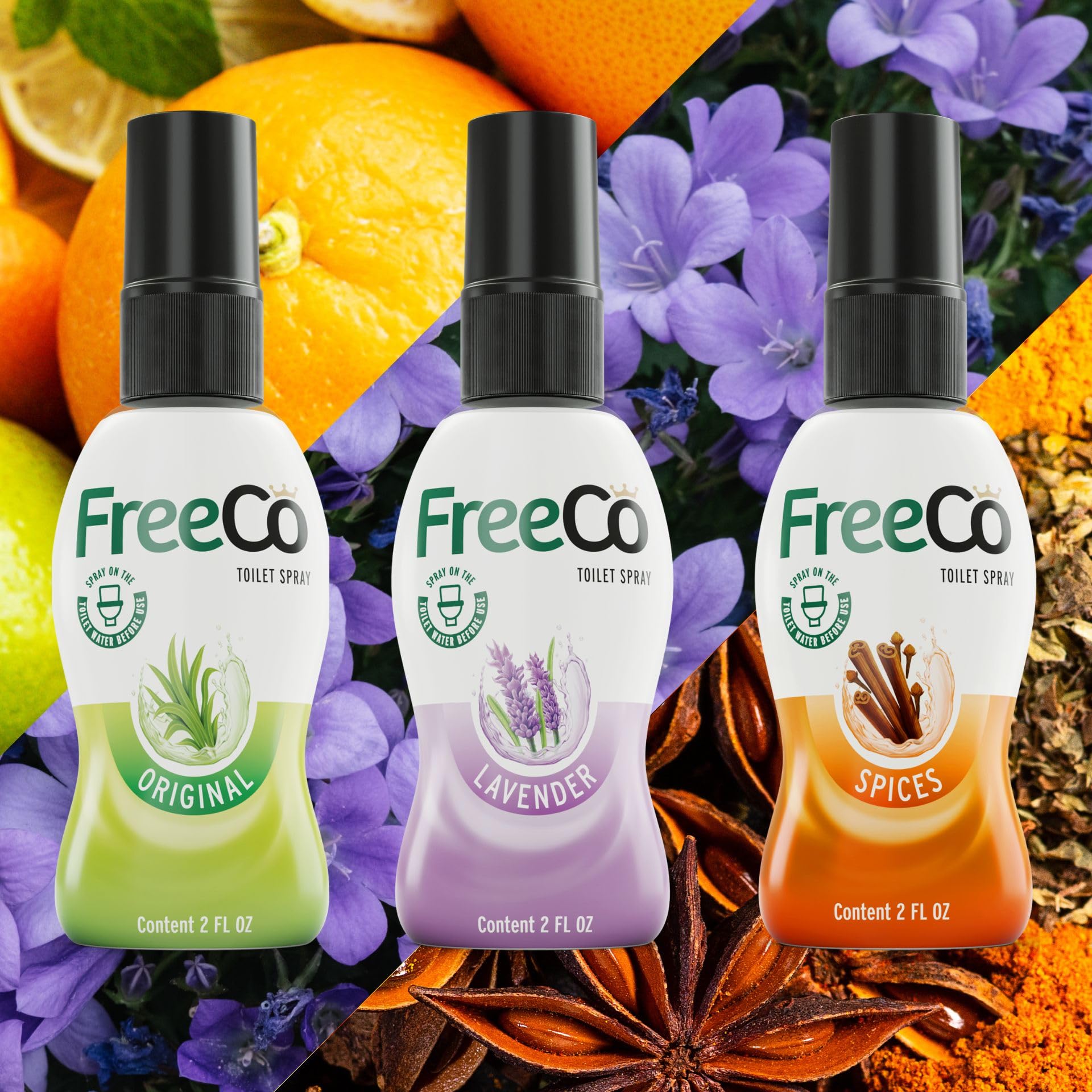 Freeco Anti-Odeur WC (Before You Go) - Spray aux Huiles Essentielles Naturelles. Idéal pour Maison, Bureau, Resto et Voyage. Pack mix 3x60ml: 1 Parfum Agrumes + 1 Lavande + 1 Épice