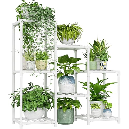 Bamworld Indoor Plant Stand Outdoor White Shelf Bamboo Plant Table for Multiple Plants 3 Tiers 7 Pots Ladder Holder Pot Window Garden Balcony Living Room
