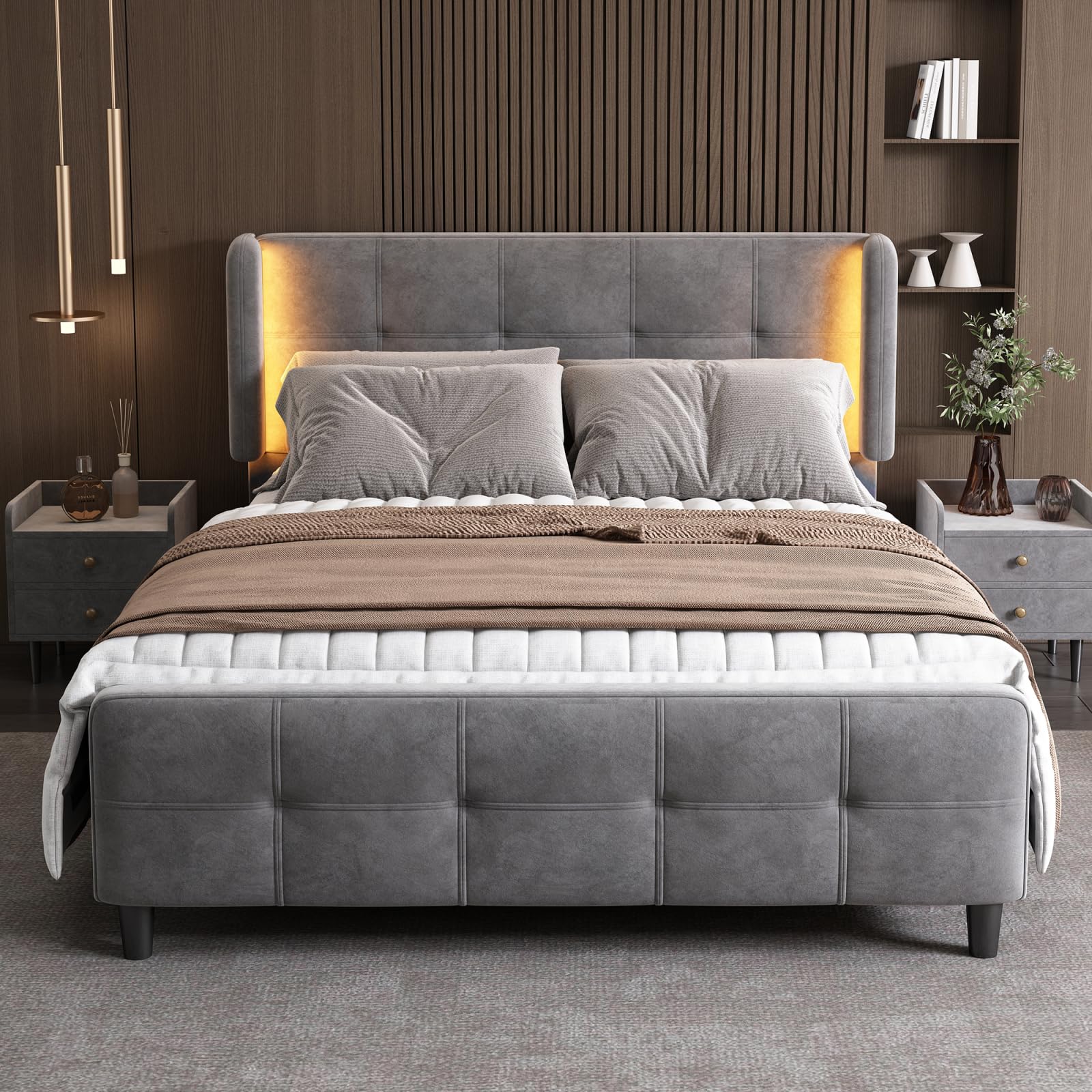 Letto imbottito 140 x 200 cm – letto matrimoniale con barra LED a 16 colori e testa regolabile, letto a molle con rete a doghe, letto per ragazzi grigio velluto (senza materasso)