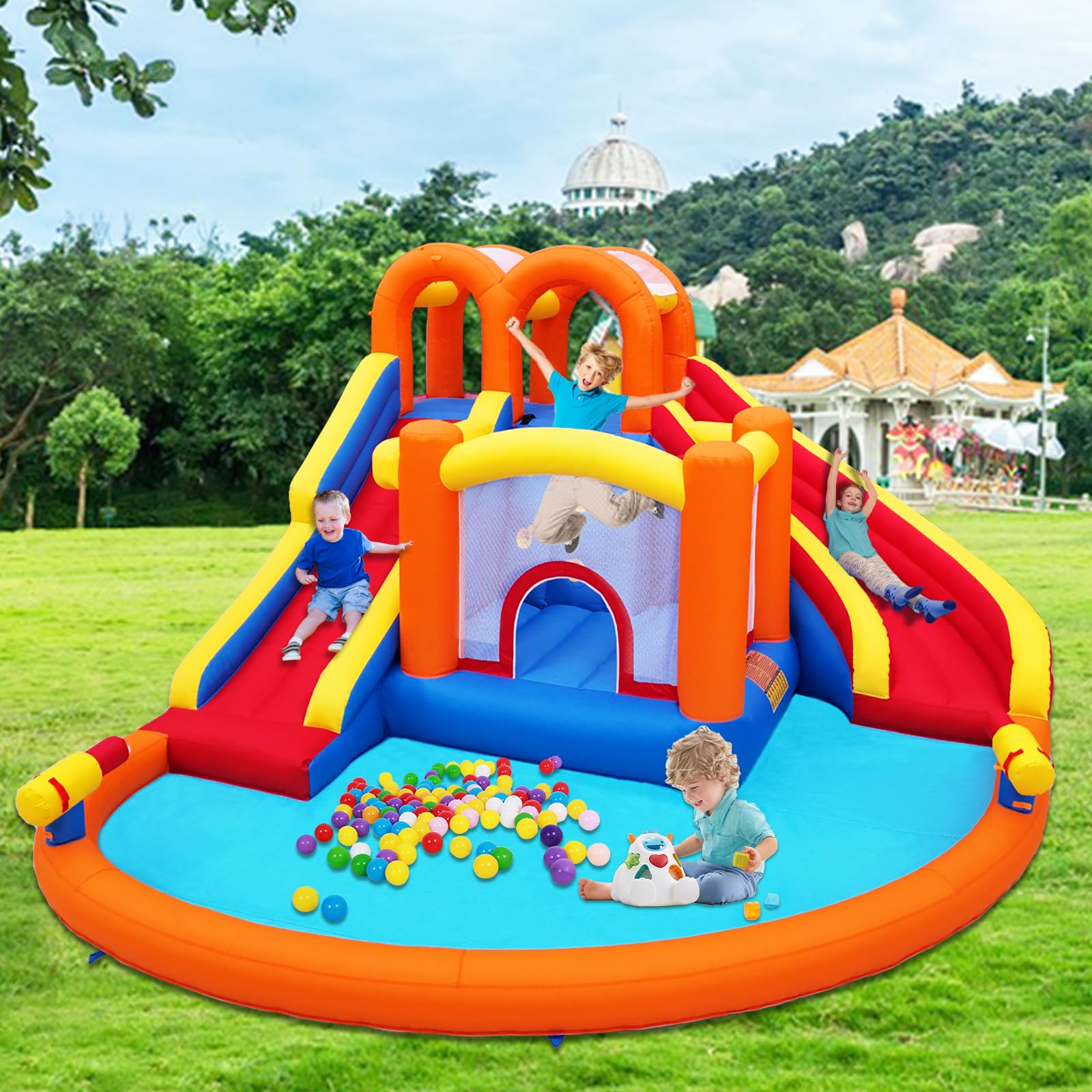 Umbalir 14.2x12.8FT Inflatable Water Park, Giant Slide Bounce House With 2 Long Slides, Thrilling Climbs, Trampoline and Big Splash Pool - 650W Air
