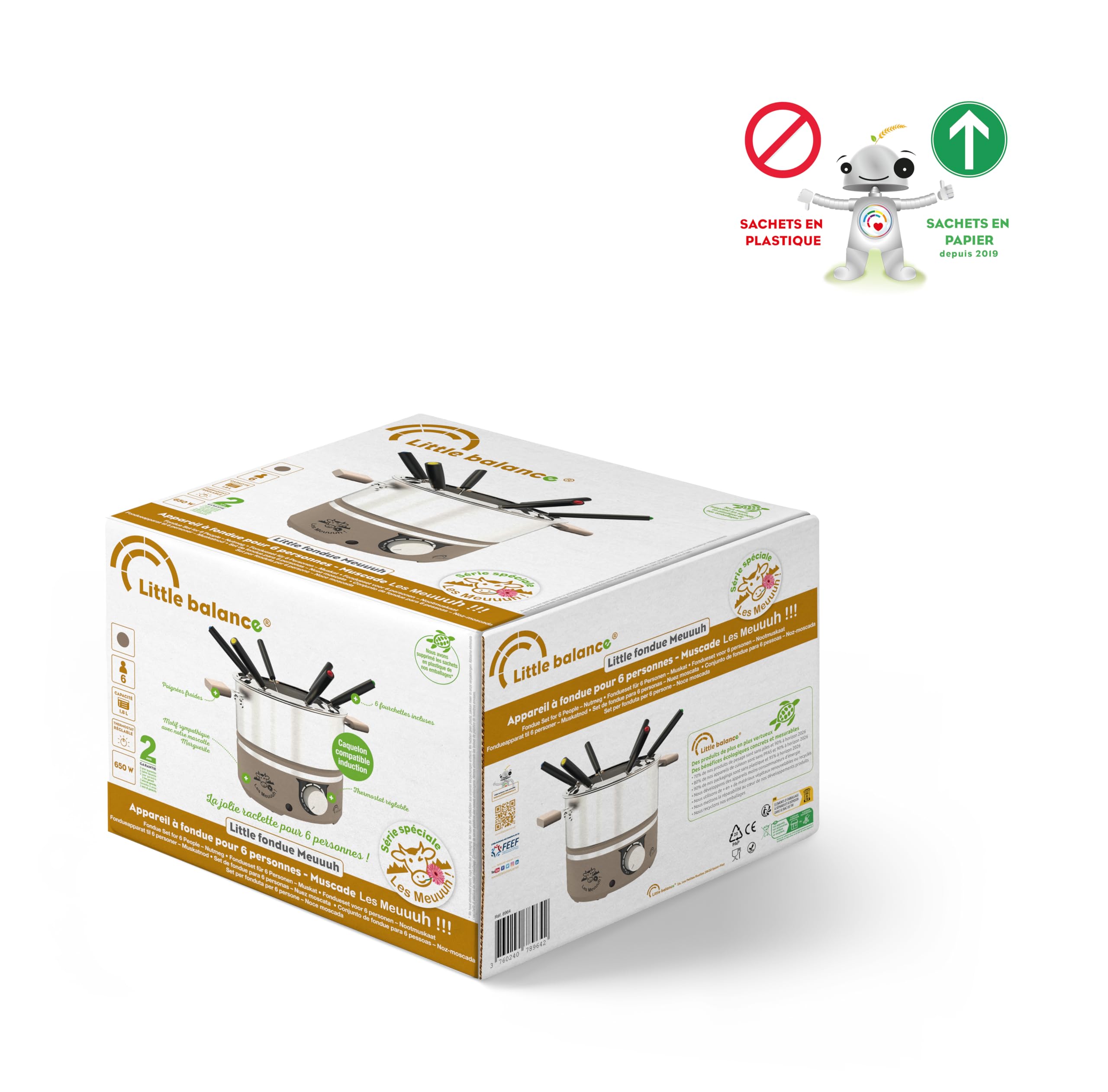 LITTLE BALANCE 8964 Little Fondue Meuuuh...!, Appareil à fondue 6 personnes, Caquelon inox, Compatible induction, 1,8 litres, 650 W, Muscade