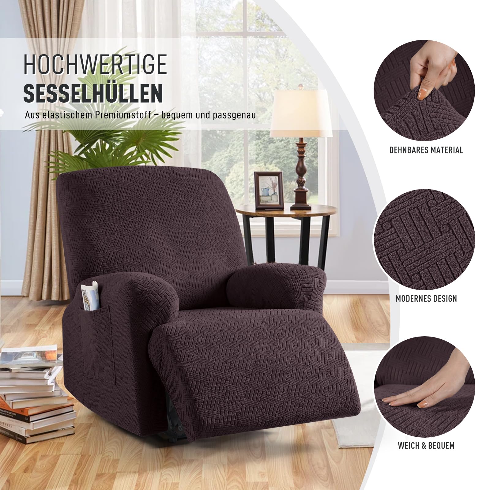 KinCam Stretch sesselschoner mit armlehne, ohrensessel überzu, sesselschoner für relaxsessel und Fernsehsessel, weich waschbar Sofa bezug für Kinder, Hund und Haustieres (1-Sitzer, Kaffee)