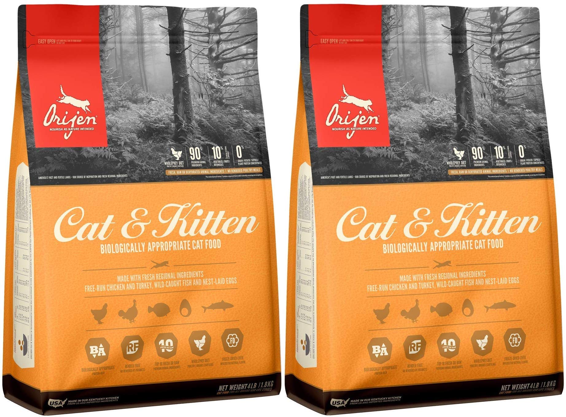 Orijen 2 Pack of Cat & Kitten Grain-Free Dry Food, 4 Pounds Each, Made in The USA