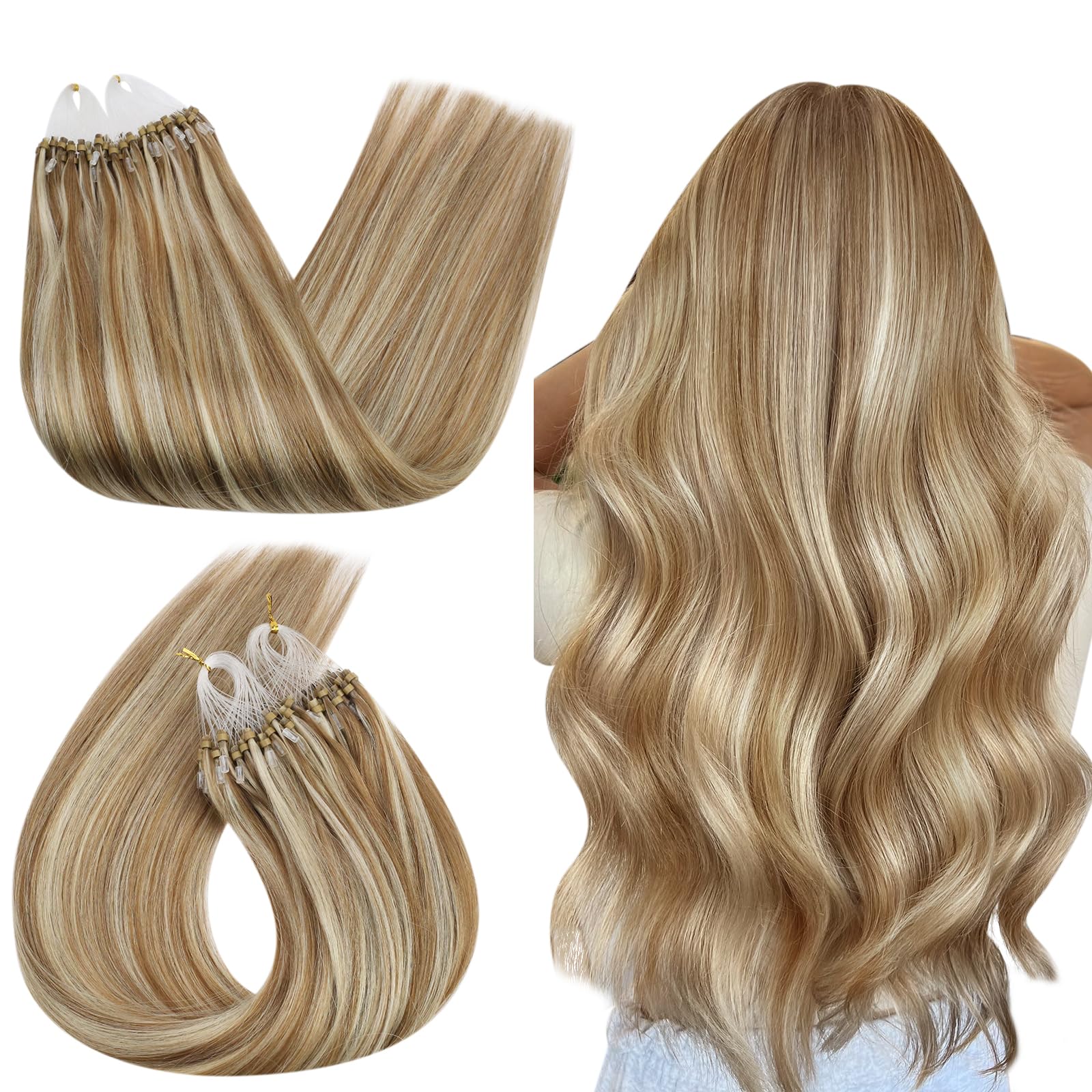 Ugeat 24 Inch Micro Beads Hair Extensions Real Human Hair Golden Brown Micro Ring Human Hair Extensions Highlights Bleach Blonde 50G/50S #10/613