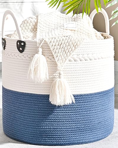 Miniatura 1 de KAKAMAY Cesta grande para mantas (18 x 18 x 16 pulgadas), canasta tejida para ropa sucia para bebé, cestas de cuerda de algodón para guardería,