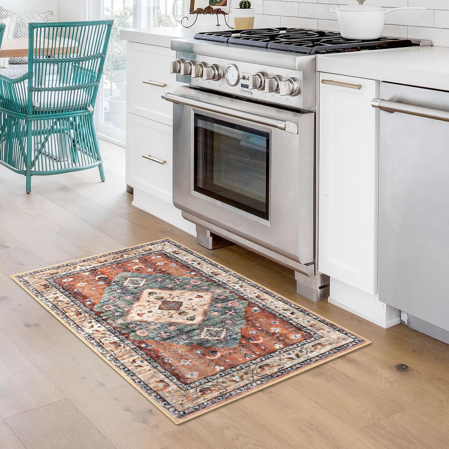 KOZYFLY Small Area Rug 2x3 Ft Rugs for Entryway Washable Boho Entry Rug Non Slip Door Mat Indoor Entrance Rust/Orange/Blue Printed Faux Wool Vintage Printed Kitchen Rug Throw Rugs for Entrance Kitchen - Image 2