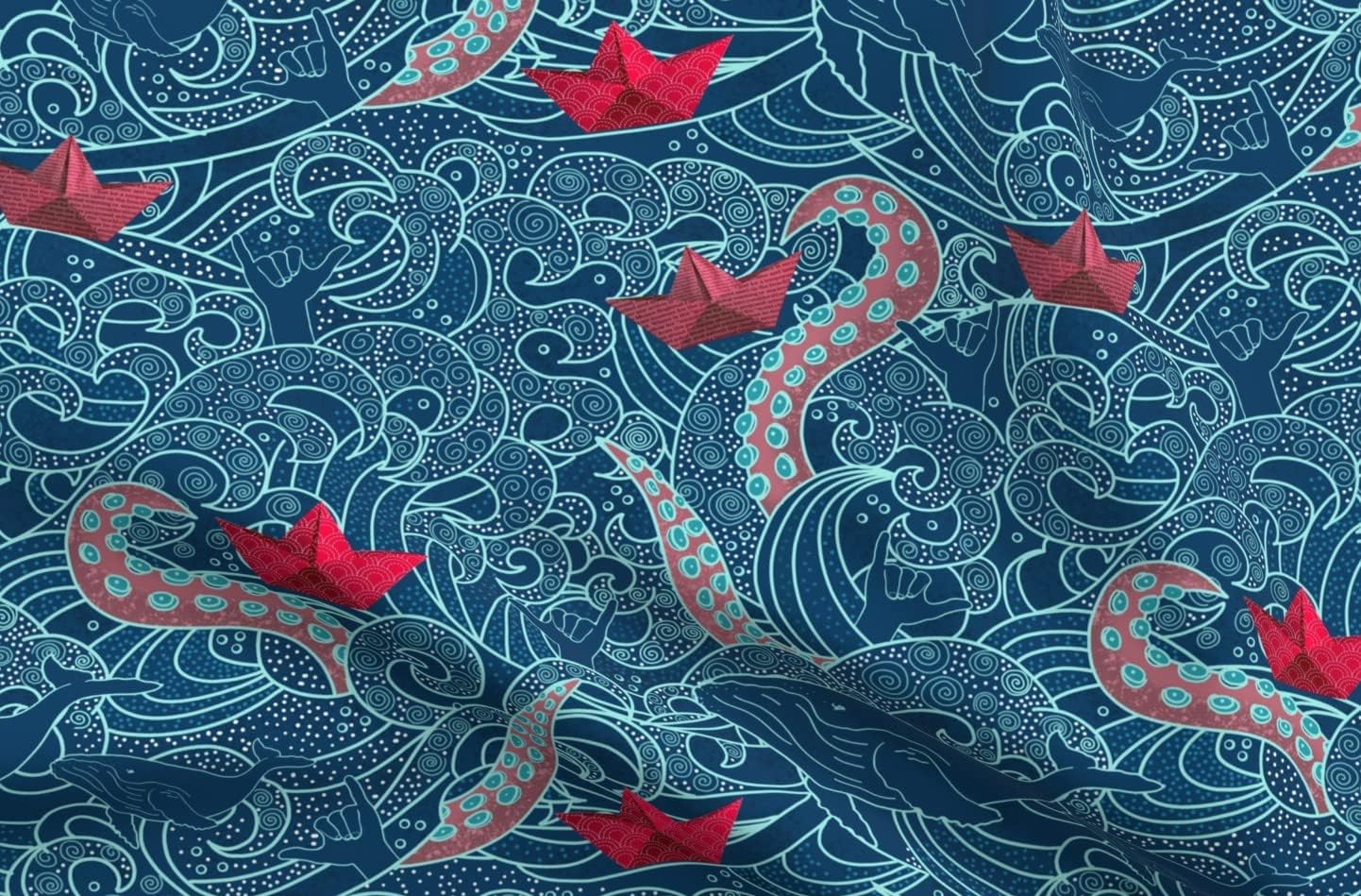 Spoonflower Fabric - Kraken Octopus Origami Boats Ocean Wave Humpback Whale Nautical Paper Printed on Upholstery Velvet Fabric Fat Quarter - Upholstery Home Decor Bottomweight Apparel