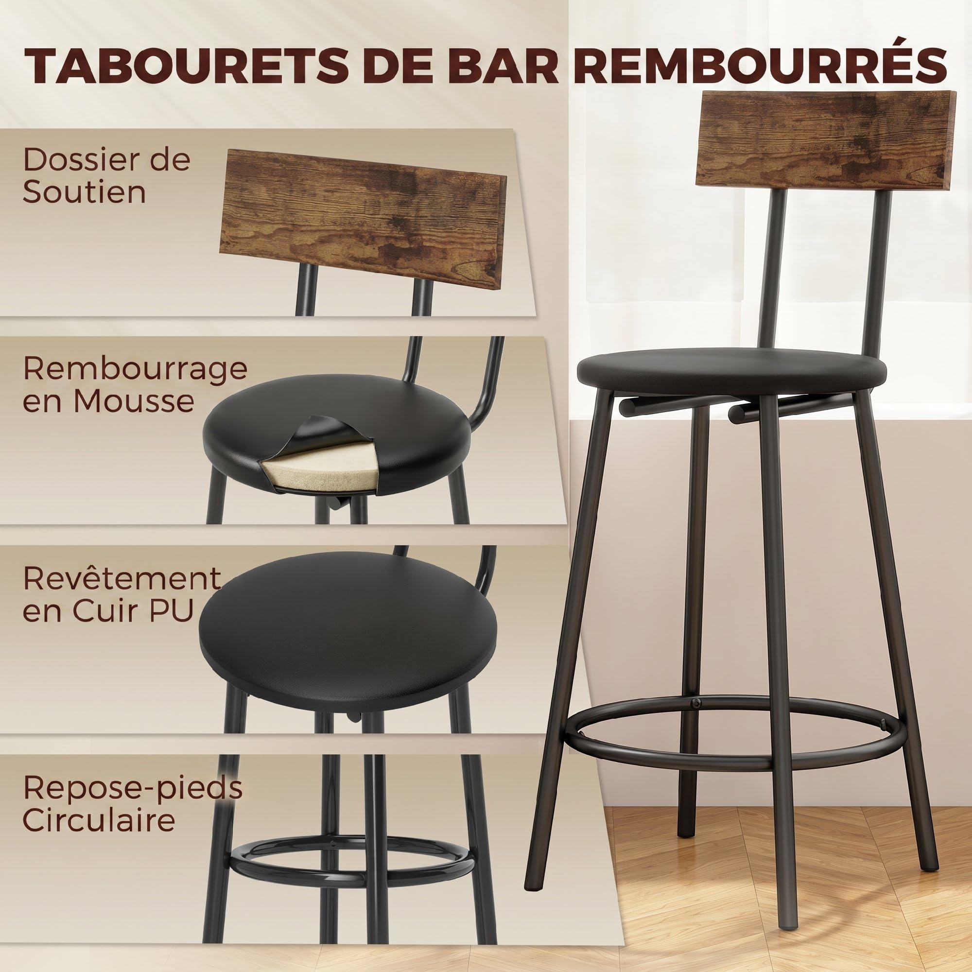 HOMCOM Ensemble Table de Bar avec 2 Tabourets Repose-Pieds PU Marron