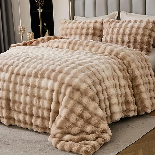 Bedbay Plush Rabbit Faux Fur Comforter Set Queen Size Tie Dyed Brown Comforter Bed Set Luxury 3 Pieces Warm Shaggy Winter Comforter Queen Size Soft Bubble Bedding Comforter Set for Teen Adults - Tie Dye-brown - Queen