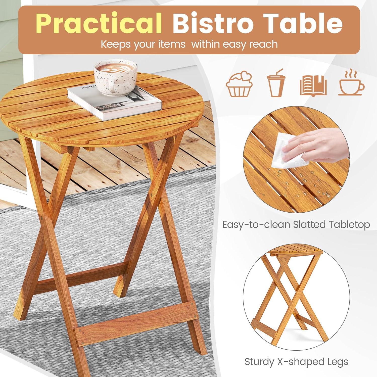 Giantex Patio Bistro Set 3 Pieces, Outdoor Acacia Wood Folding Table & Chairs Set with 2 Padded Cushions, Patio Conversation Furniture Set for Backyard, Garden, Balcony, Poolside (Natural & Beige)