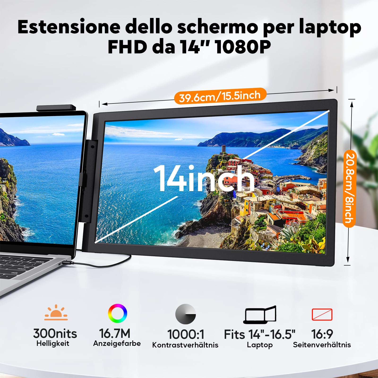 MAGICRAVEN Monitor portatile esterno per laptop-14 FHD-estensione schermo per portatile 1080P IPS HDMI/USB-C/A -doppio Schermo Aggiuntivo for 14"-16" Laptop Windows Mac