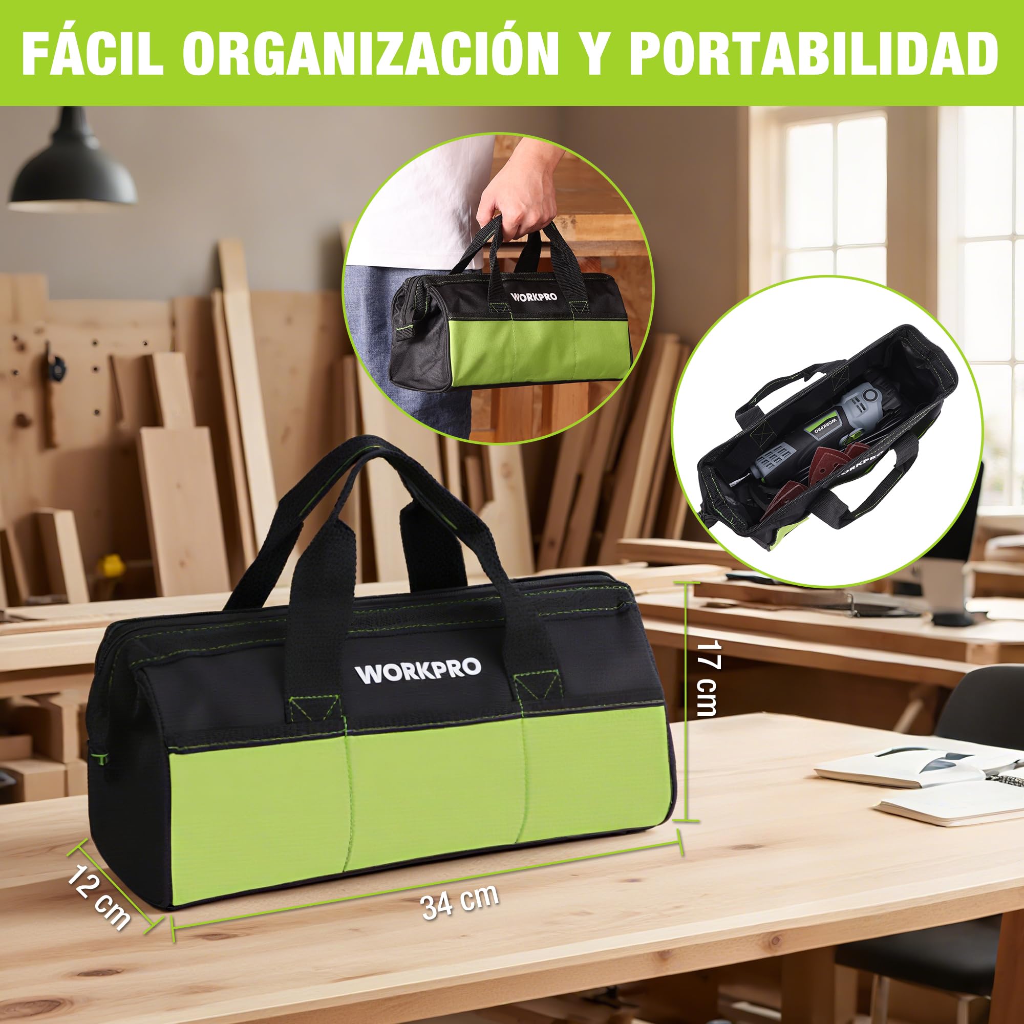 WORKPRO Herramienta Oscilante 400 W, Multiherramienta Eléctrica con 23 Accesorios y Bolsa, 6 Velocidades (15000–22000 RPM), Ángulo de Oscilación de 3,5°, Ideal para Cortar, Lijar y Raspado