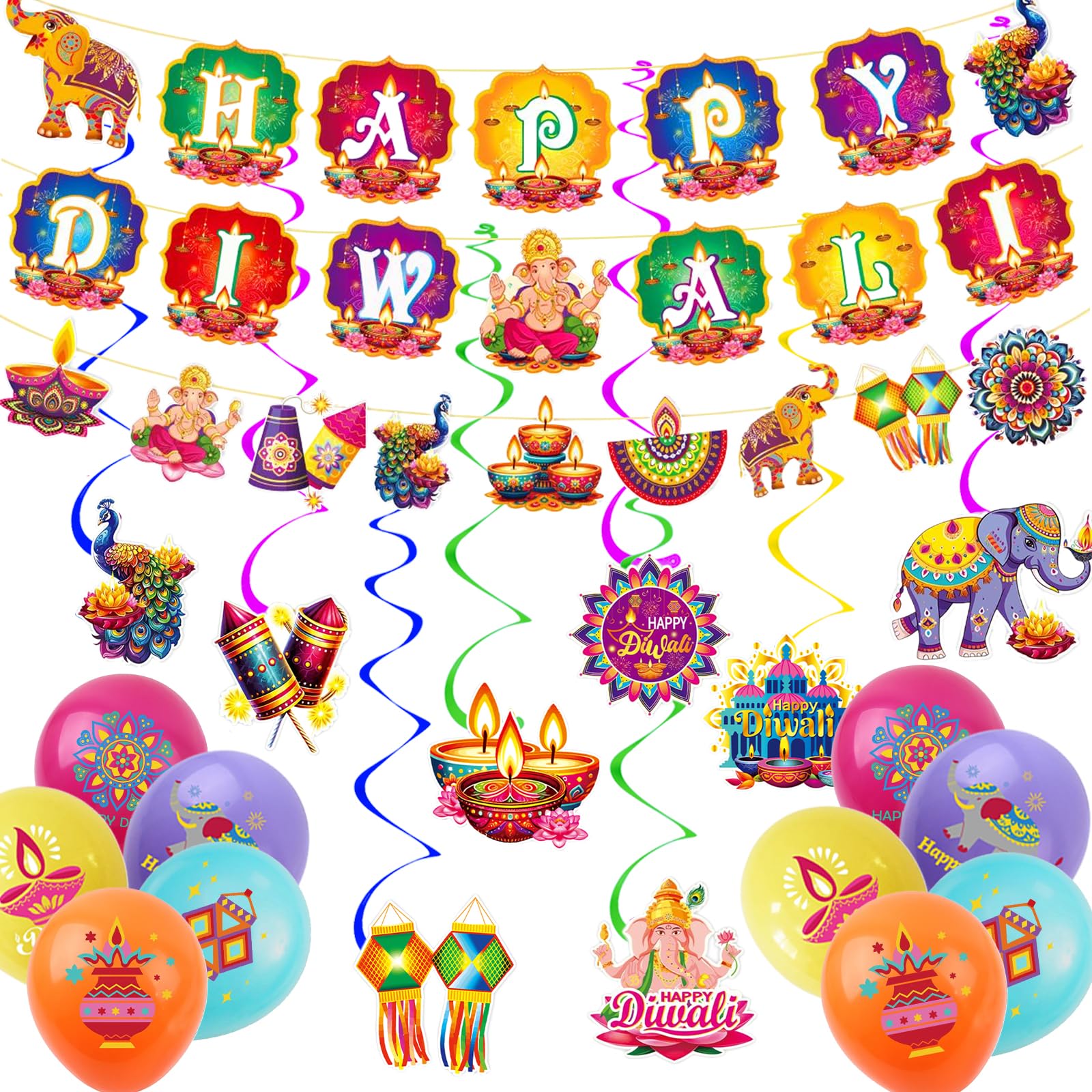 Xunerloy Diwali Hanging Decorations, Happy Diwali Decor Banner Swirl Balloons Garland for Deepavali, Pooja, Puja Indian Festival of Lights Themed Party Decorations