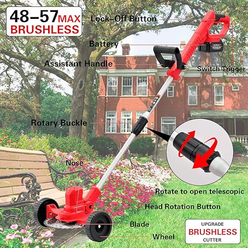 Miniatura 2 de Brushless Electric Weed Wacker 57 Inch 750W Lightweight Push Brush Cutter 6A Battery Powered 9 Inch Metal Circular Saw Blade, 1 Straight Blade and