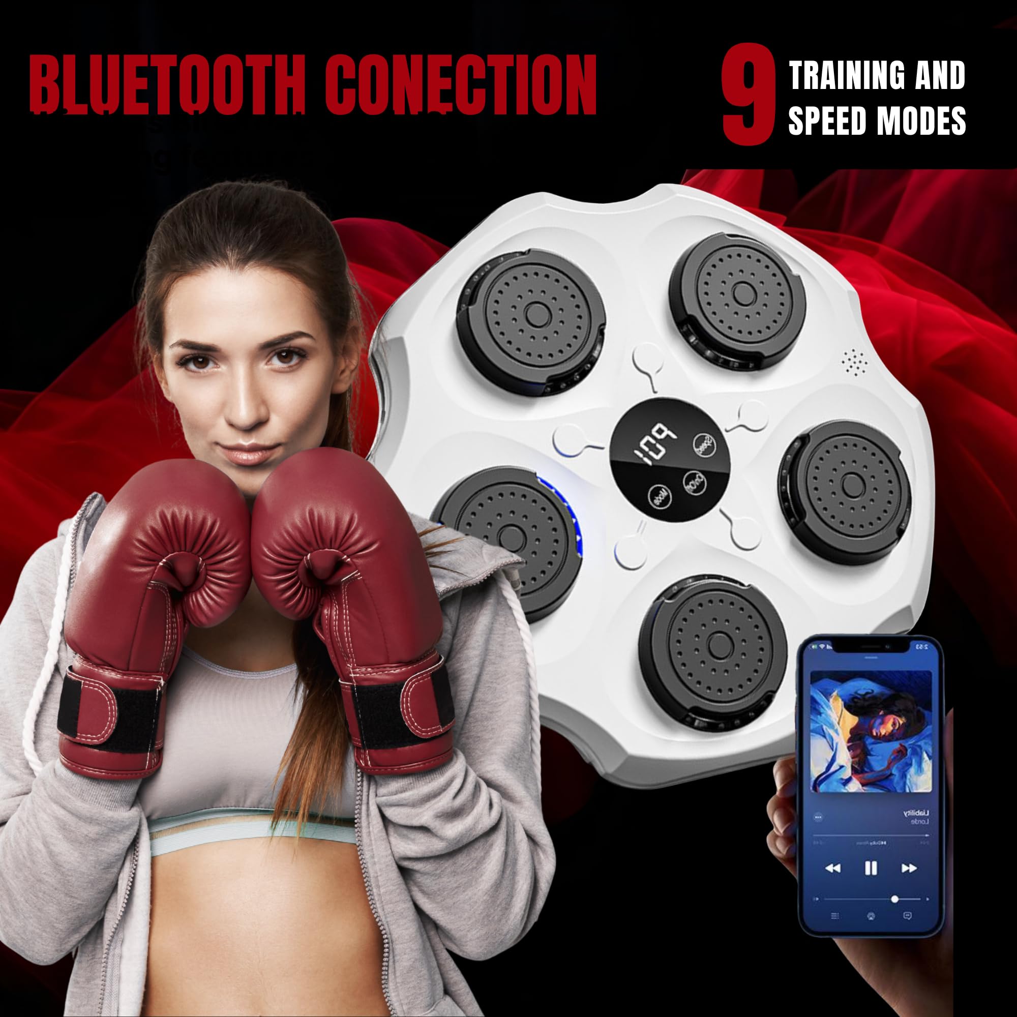 Muzyczna maszyna bokserska. Sprzęt do treningu ściennego z diodami LED, rękawicami bokserskimi, Bluetooth i światłami rytmicznymi do muzyki dla dzieci/dorosłych. (9 trybów, 43 x 43 cm)