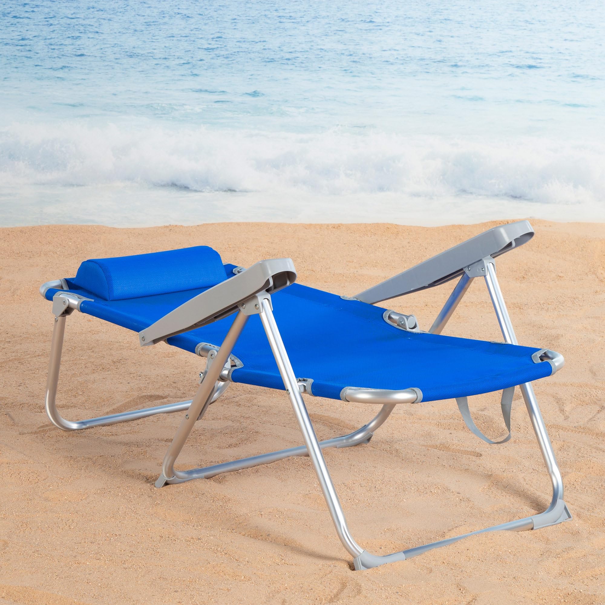 AKTIVE Beach- Chaise de Plage Pliante Haute Multipositions avec Dossier Réglable, Coussin, Protections Anti-Renversement et Poignée de Transport, Aluminium et Textilène, 48X60X90 cm, Bleu