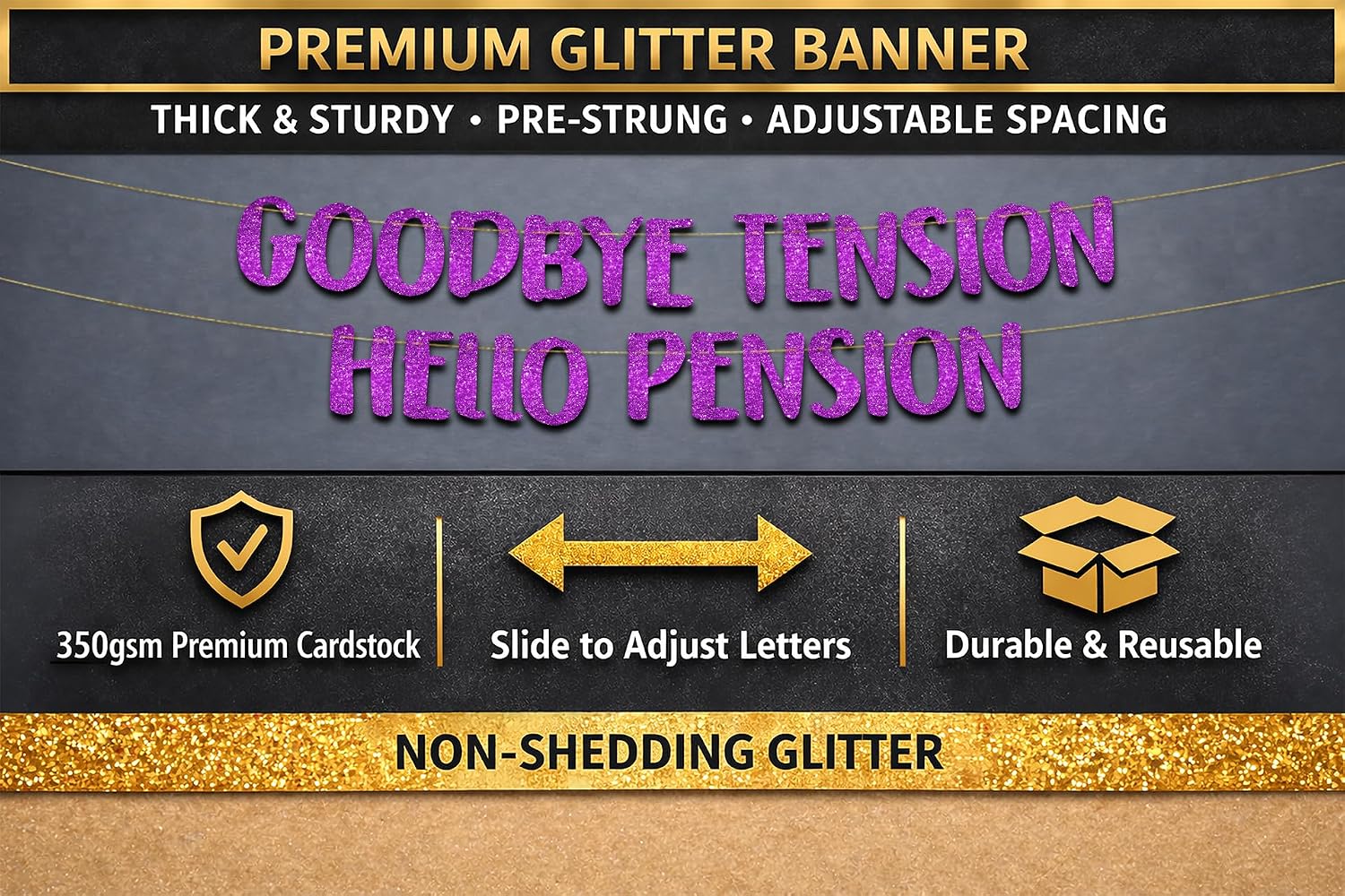 Pre-Strung Goodbye Tension Hello Pension Purple Glitter Banner - Funny Retirement Decorations for Men and Women - Retirement Party Supplies and Gifts image 3