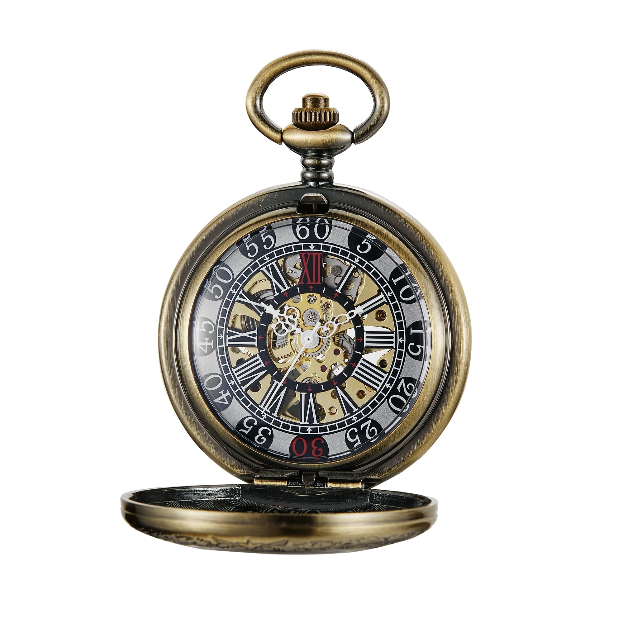 Tiong Orologio da tasca meccanico in bronzo con copertura trasparente, movimento meccanico da uomo, quadrante con numeri arabi, orologio da tasca con apertura singola