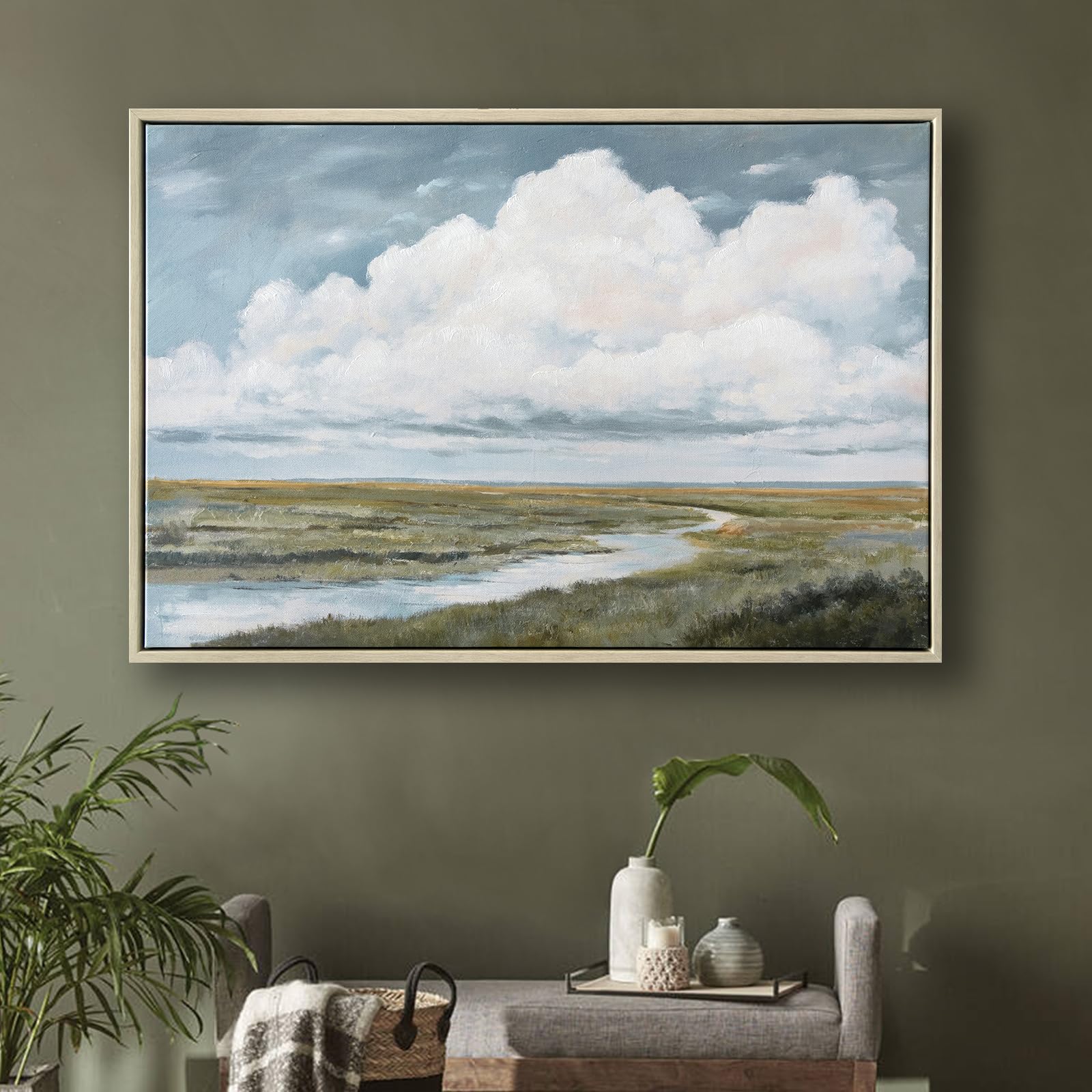 Framed Canvas Landscape Wall Art Serene Sky cloud wall decor Retro Coastal Classic Painting Lake Scene Illustrations Antique