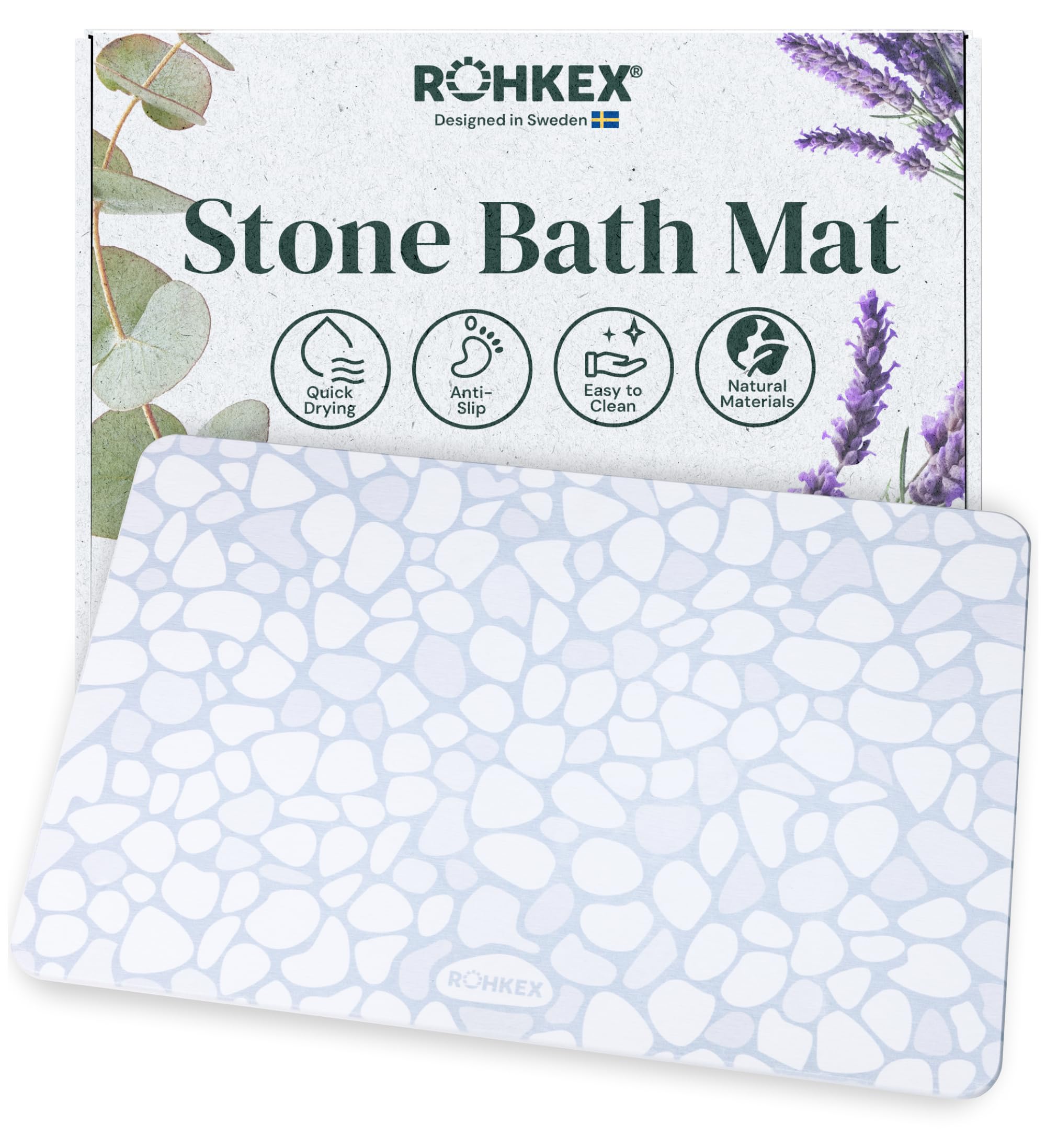 ROHKEX Stone Diatomaceous Bathroom Mat - 15 x 24 in Blue & White - Absorbent & Quick-Dry Bath Mat - Non-Slip Diatomite - Textured Easy-Clean Surface for Shower & Kitchen