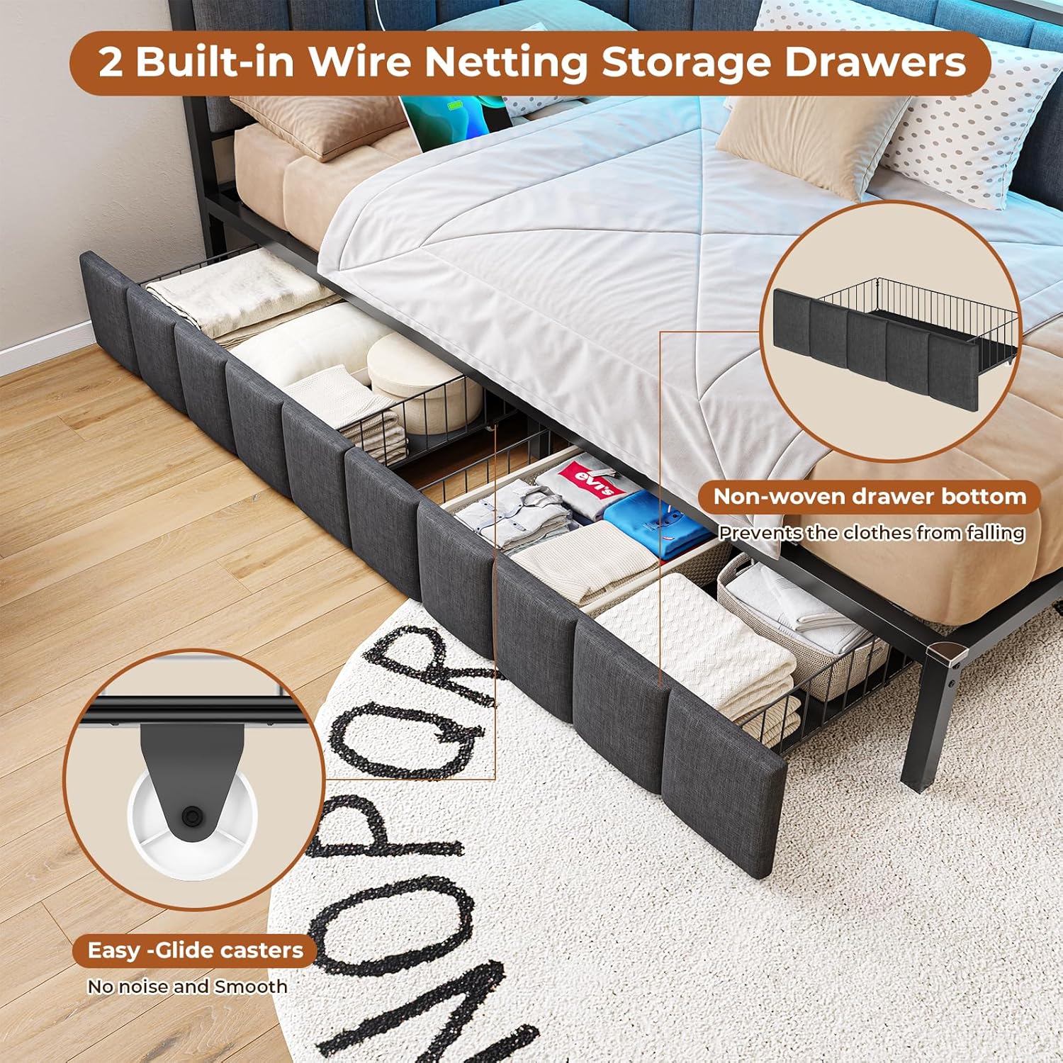 DICTAC Twin Size Bed Frame with 2 Storage Drawers & Charging Station Corner Twin Bed Frame with Storage and Led Lights Twin Size Daybed with Upholstered Guardrail for Kids/Teen,Easy Assemble,Gray Grey Twin