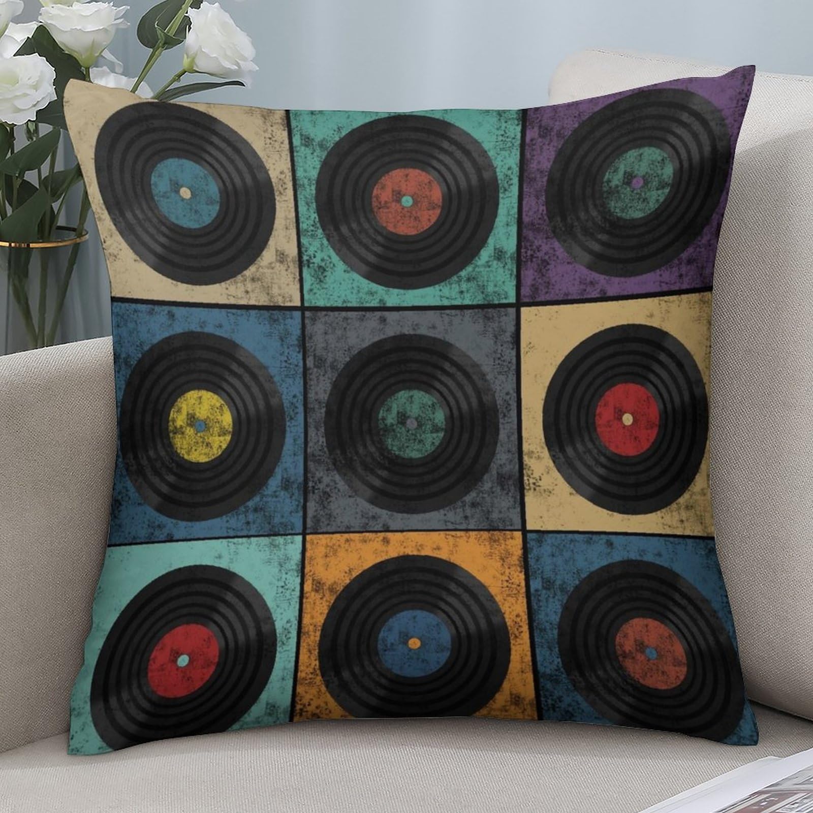 Wreioau Classic Colorful Rock Vinyl Records Throw Pillow Case Square Cozy Pillow Cover Home Decor for Living Room Sofa Car Cushion Cover 18"X 18"