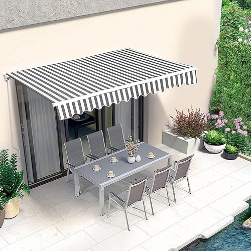 Miniatura 10 de MCombo Toldo retráctil manual de 13 x 8 pies para ventana de patio, toldo para exteriores (gris con rayas blancas)