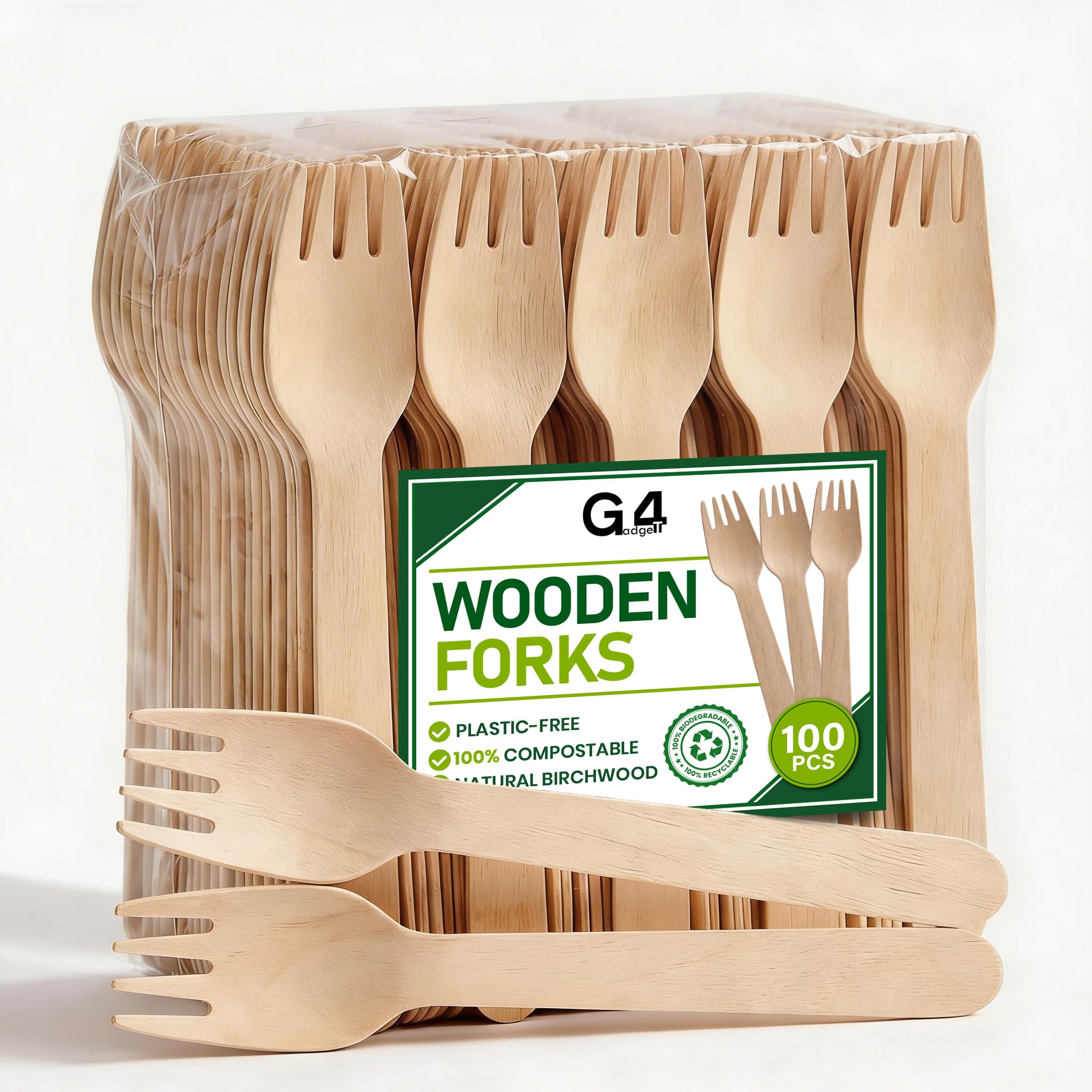 G4GADGET 100x Wooden Forks - Disposable Biodegradable Birch Wood Utensils for Parties, Picnics, Weddings, BBQs, and Events