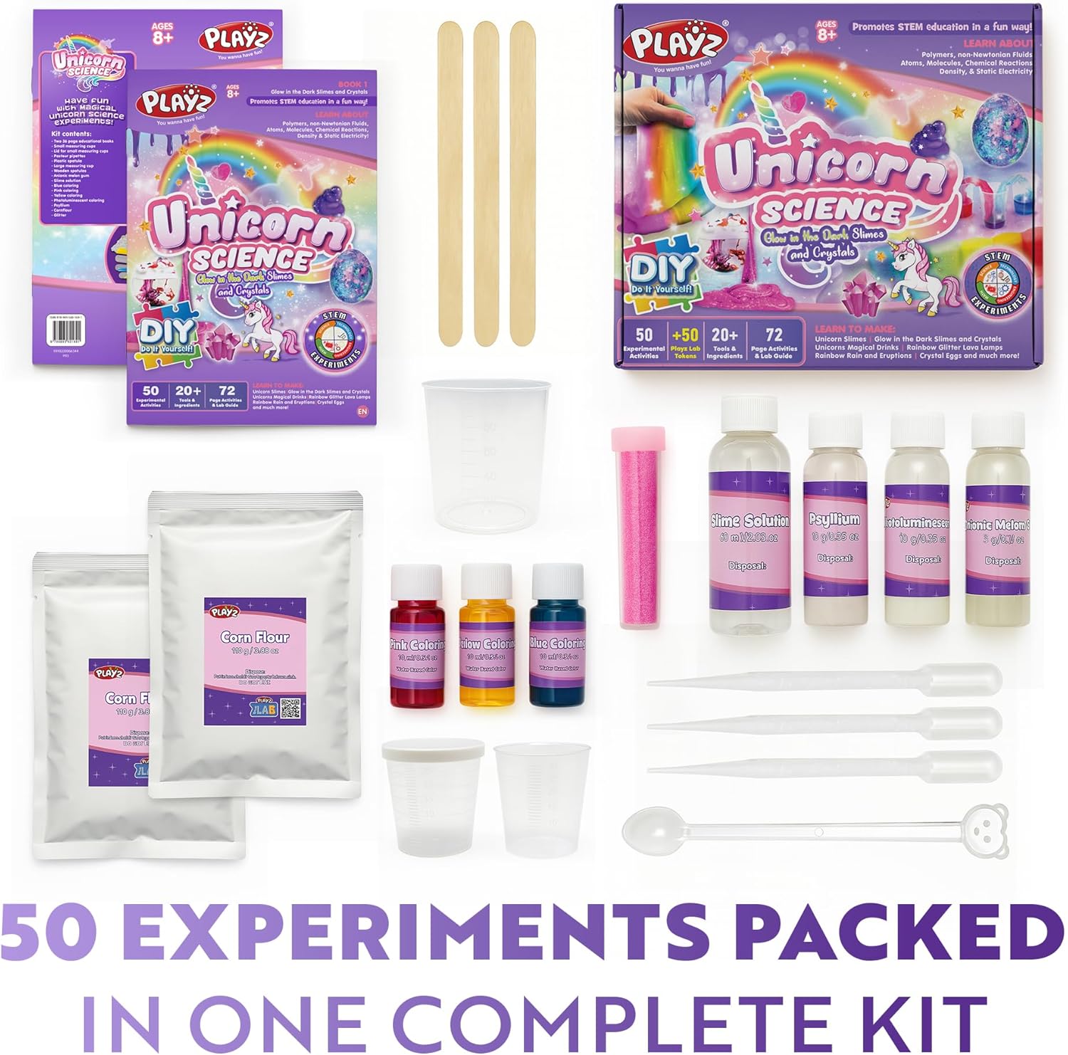 Playz Unicorn Slime & Crystals 100+ Science Experiments Kit Gift for Girls & Boys to Make Glow in The Dark Unicorn Poop, Snot, Fluffy Slime, Crystals, Putty, Arts & Crafts for Kids Age 8-12