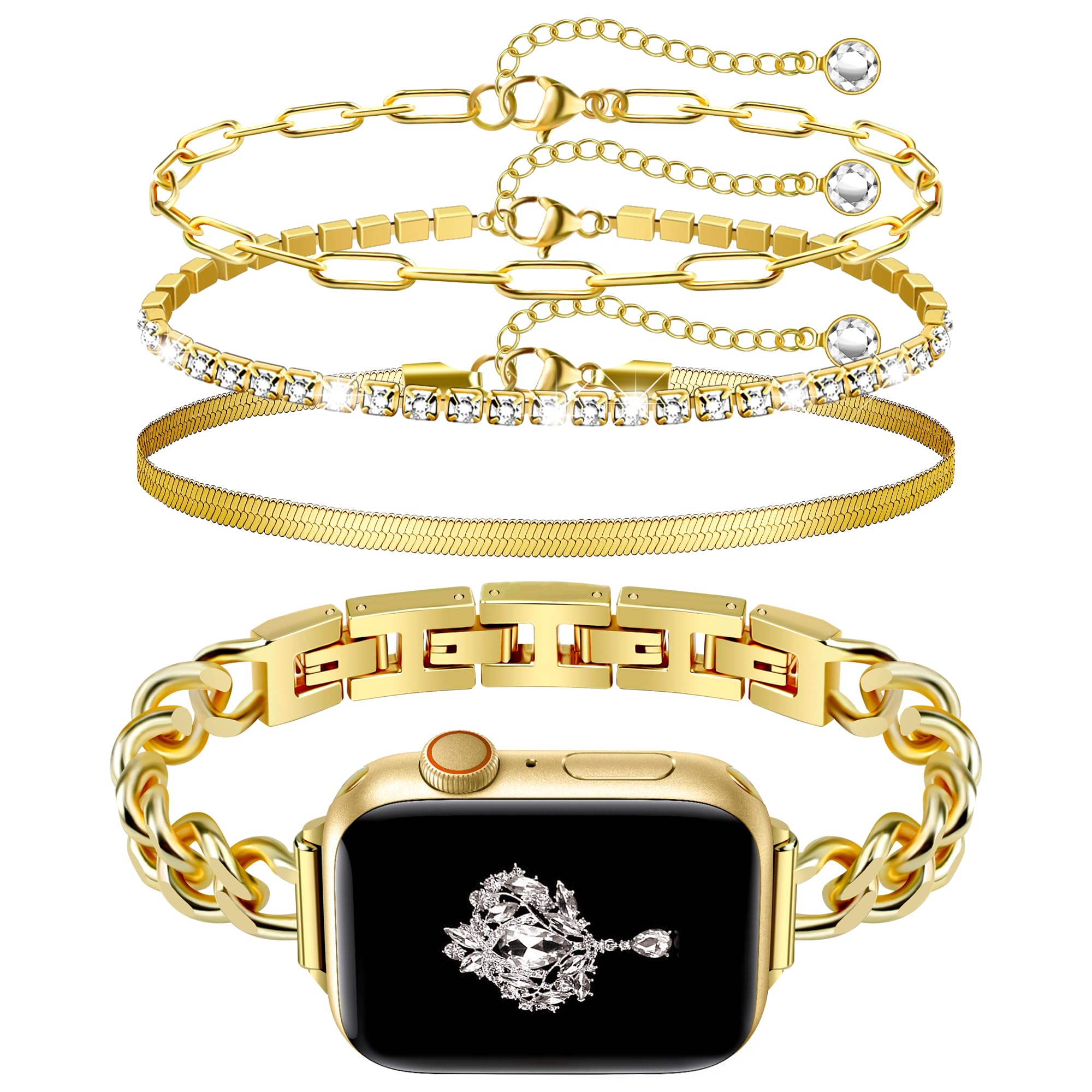 Slim Golden Band and 3Pcs 14k Golden Bracelet Set Women Feminine Elegant Compatible with Apple Watch 38/40/41/42mm(S10/11) Adjustable Metal Dressy