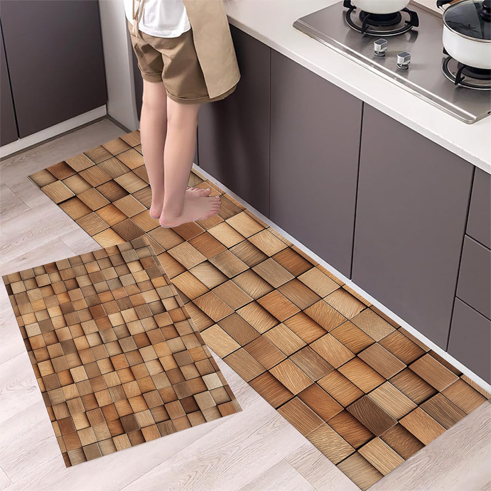 Tapis de cuisine lavables et antidérapants à motif géométrique marron