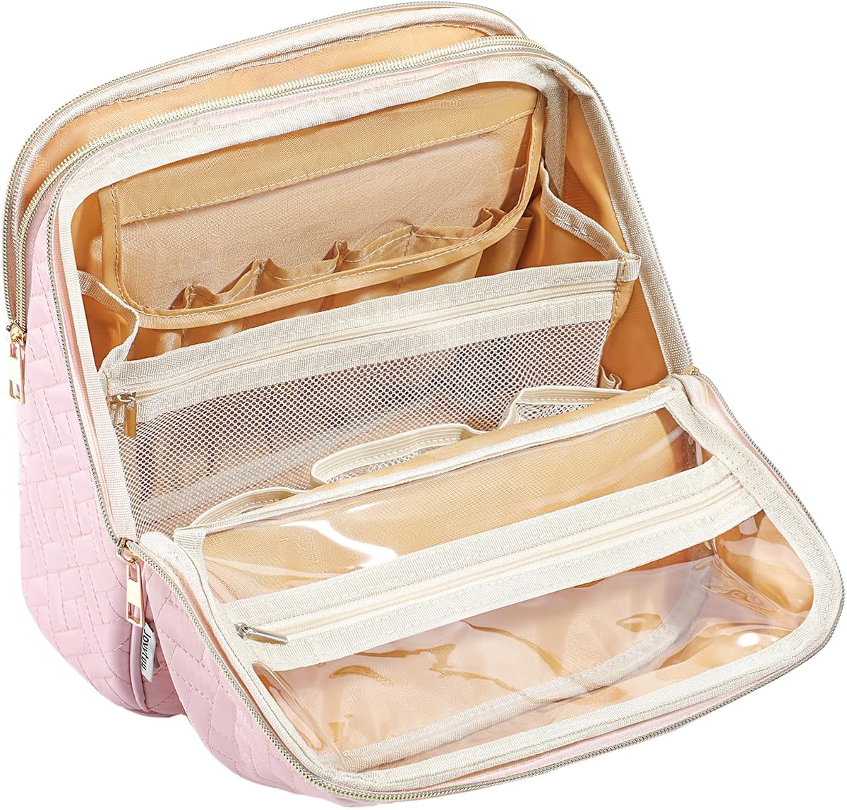 Makeup Bag, Large Capacity with Room for Brushes and Mirror, Travel Makeup Organizer, Portable Standing Make Up Case, Waterproof Cosmetic Bags with Handle, Color Pink