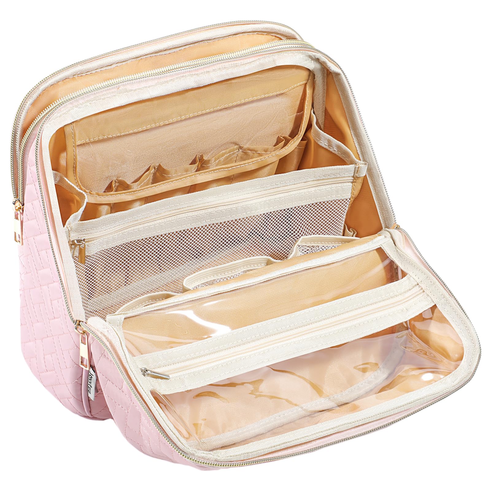 JOYYTUU Makeup Bag, Large Capacity with Room for Brushes and Mirror, Travel Makeup Organizer, Portable Make Up Case, Waterproof Cosmetic Bags with Handle, Color Pink